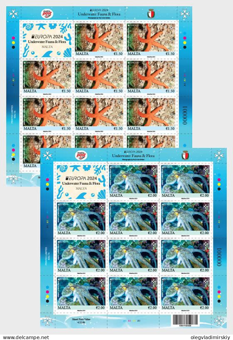 Malta 2024 Europa CEPT Undewater Fauna Octopus Starfish Set Of 2 Sheetlets With Labels MNH - Malta