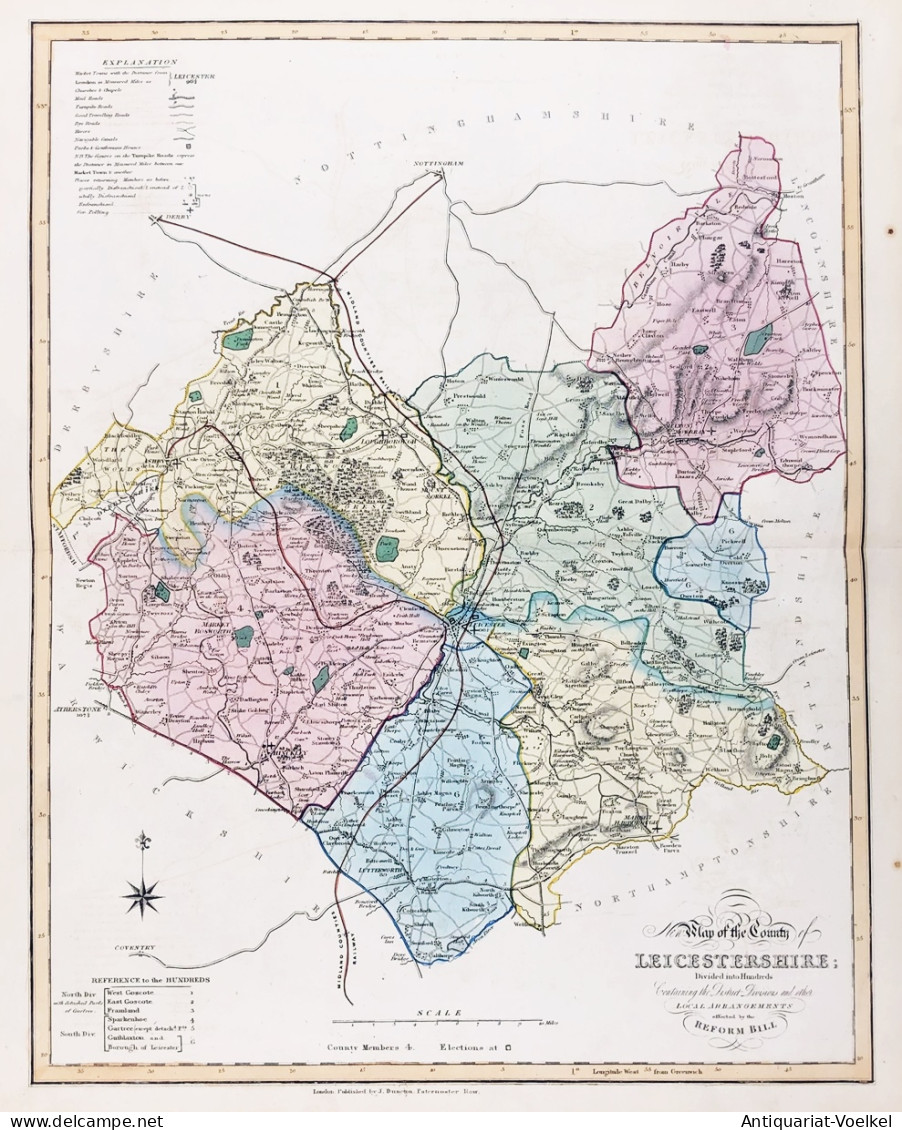 New Map Of The County Of Leicestershire; Divided Into Hundreds; Containing The District Divisions And Other Lo - Estampas & Grabados