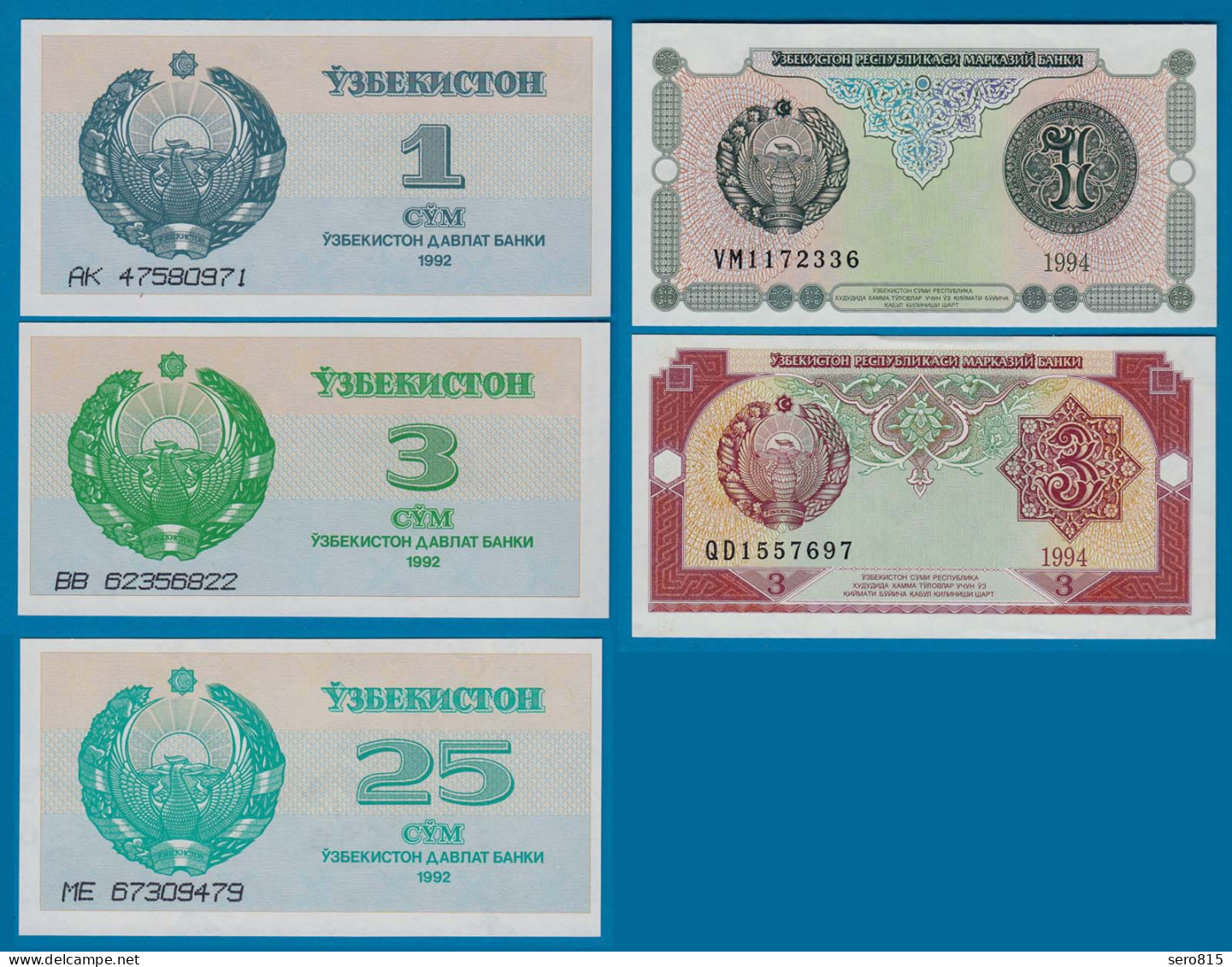 USBEKISTAN - UZBEKISTAN 5 Stück Banknoten 1992-94 UNC (18190 - Other - Asia