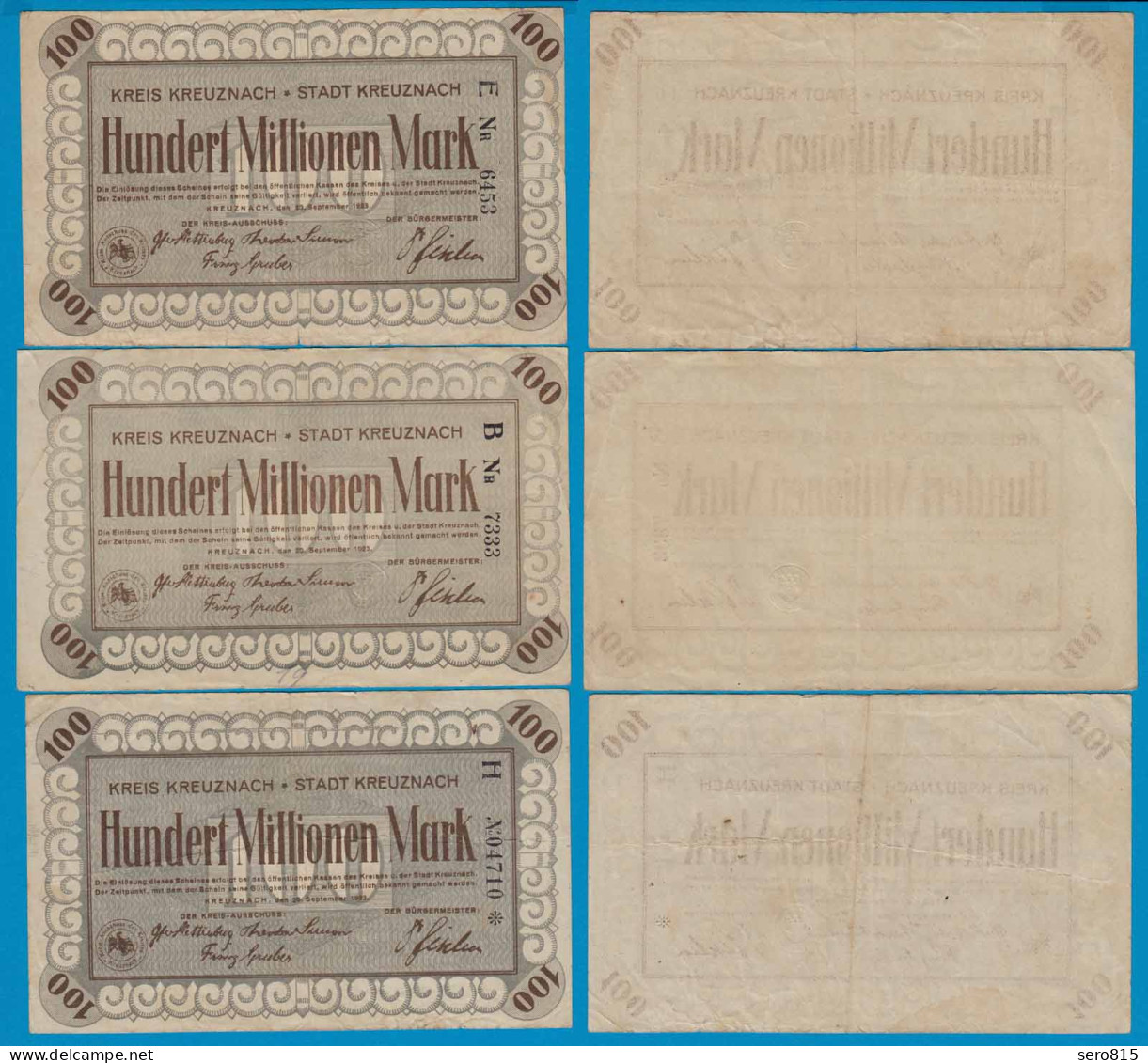 Kreuznach - Notgeld 3 Stück 100 Millionen Mark Serie E, B, H 4 O. 5 Stellig  - Other & Unclassified