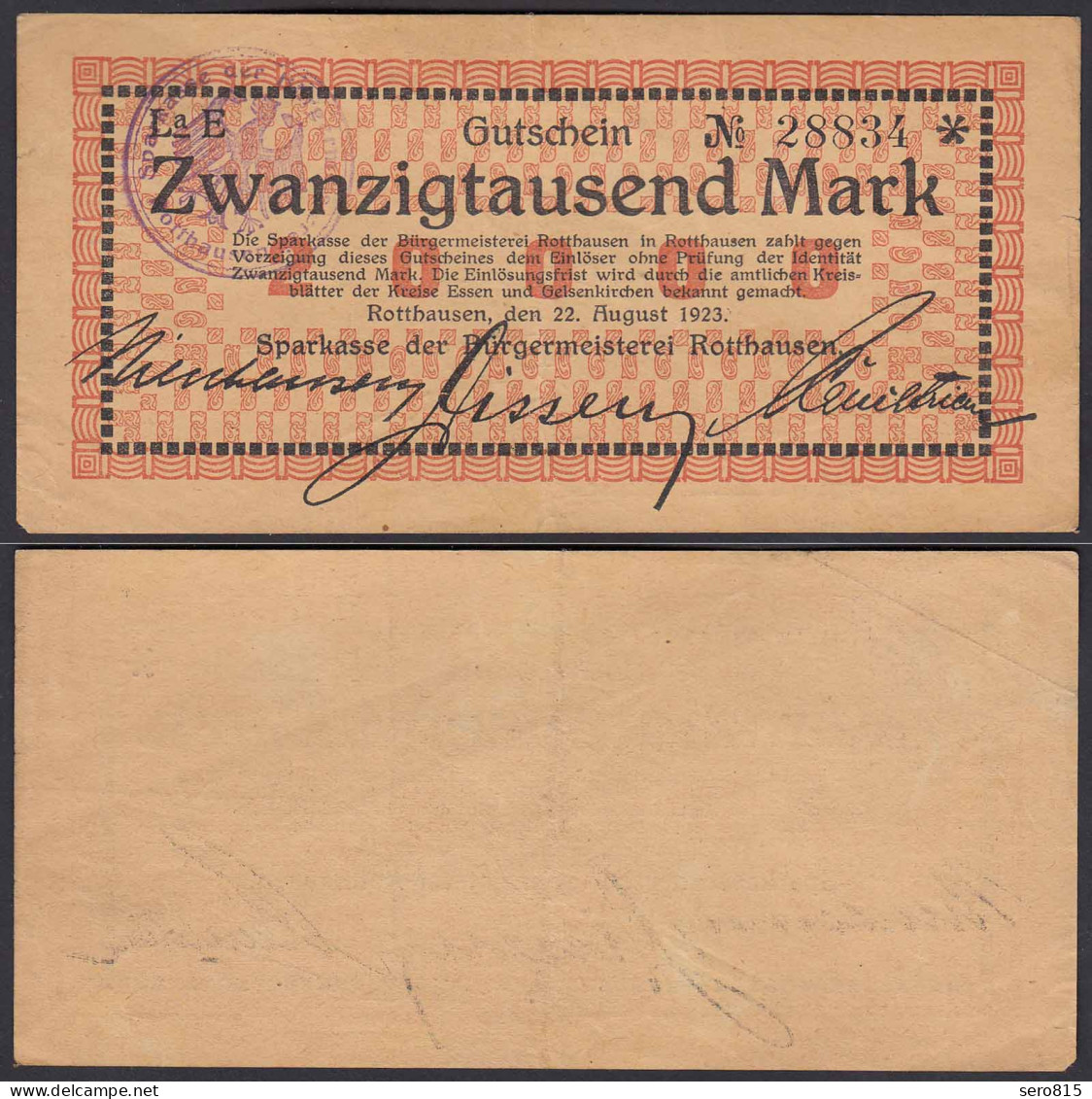 Rotthausen 20000 20.000 Mark Banknote 1923 VF (3)   (22856 - Sonstige & Ohne Zuordnung
