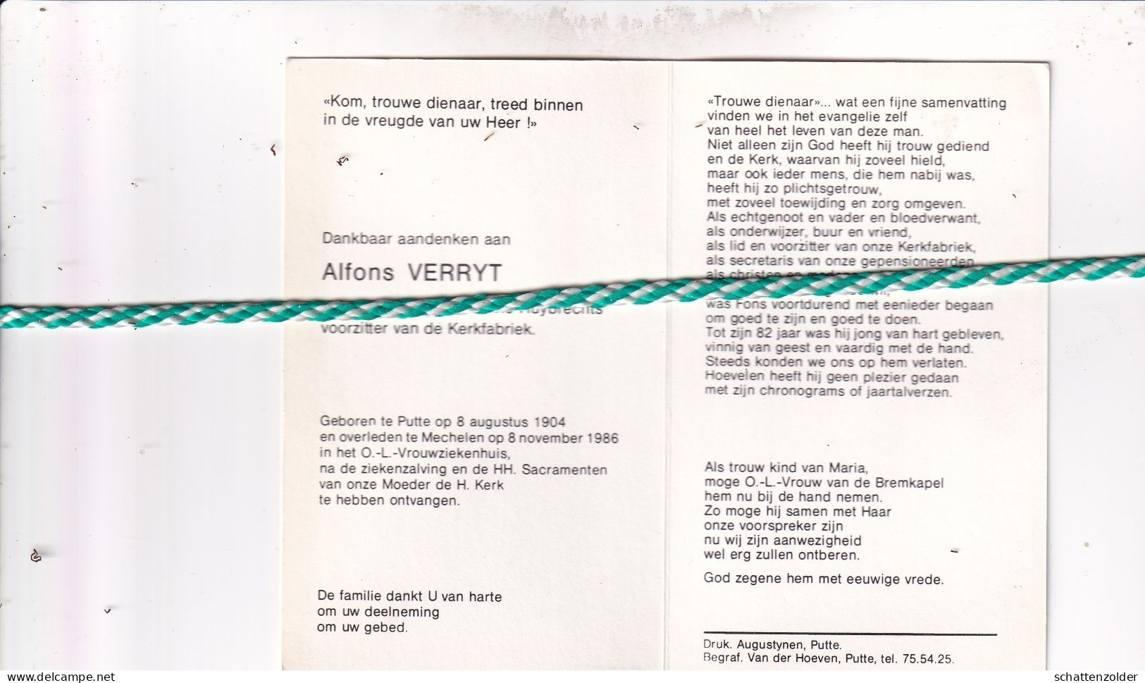 Alfons Verryt-Huybrechts, Putte 1904, Mechelen 1986. Foto - Obituary Notices
