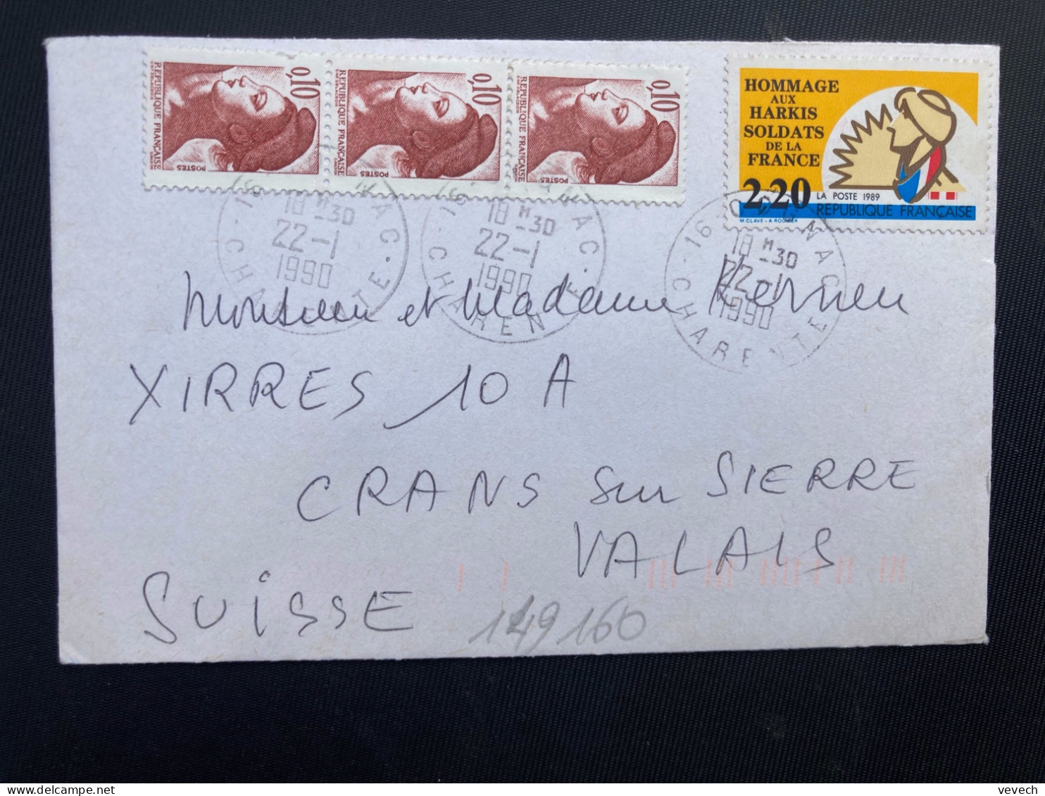 LETTRE Pour A SUISSE TP HARKIS 2,20 + LIBERTE 0,10 Bande De 3 OBL.22-1 1990 16 COGNAC CHARENTE - Brieven En Documenten