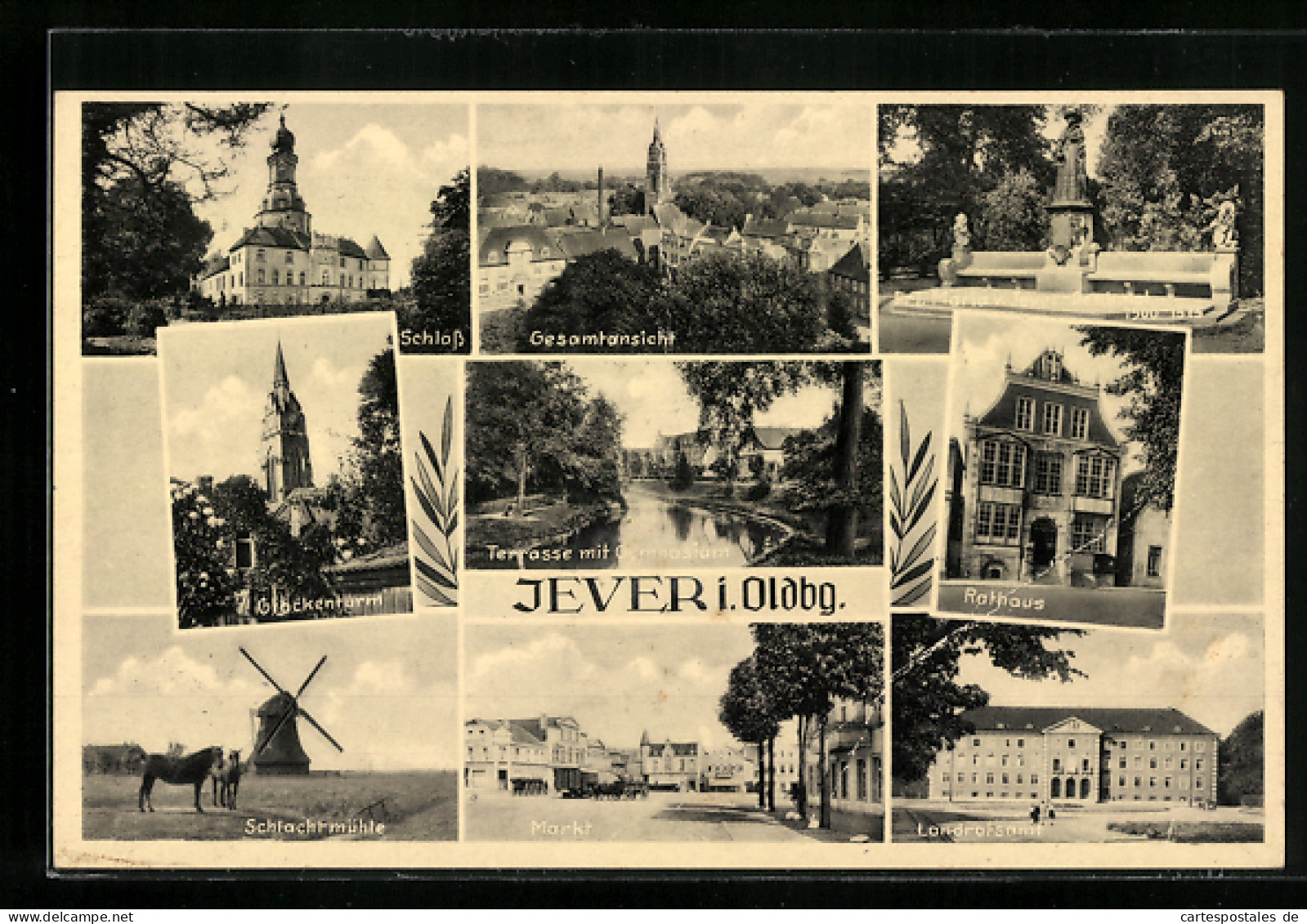 AK Jever I. Oldbg., Gesamtansicht, Schloss, Glockenturm, Schlachtmühle, Markt, Landratsamt, Rathaus  - Jever