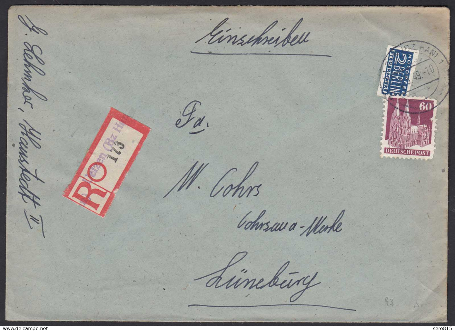 1949 R-Brief Provisorischer R-Zettel Uelzen - Lüneburg  (20616 - Altri & Non Classificati