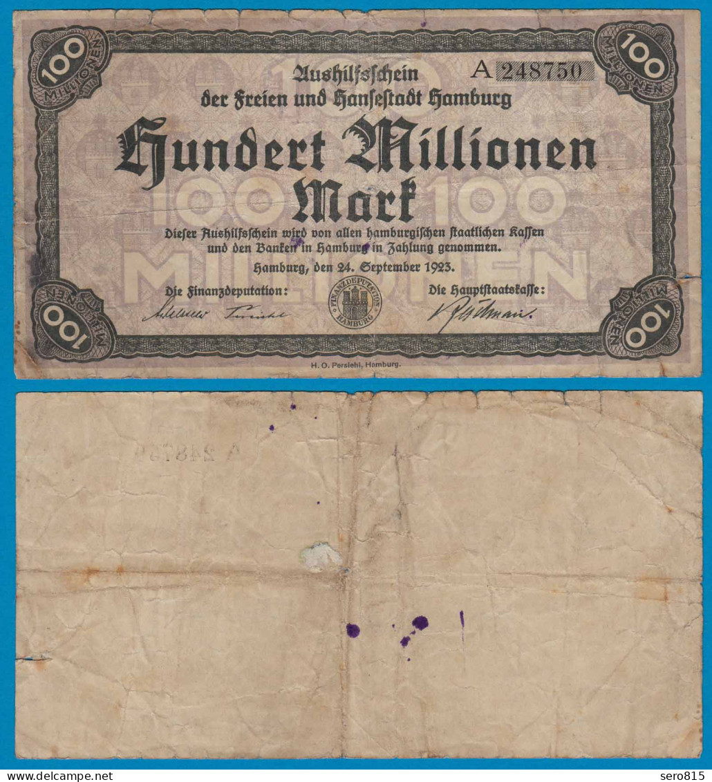 Hamburg 100 Millionen Mark 1923 Aushilfschein Notgeld Gebraucht  (18991 - Autres & Non Classés