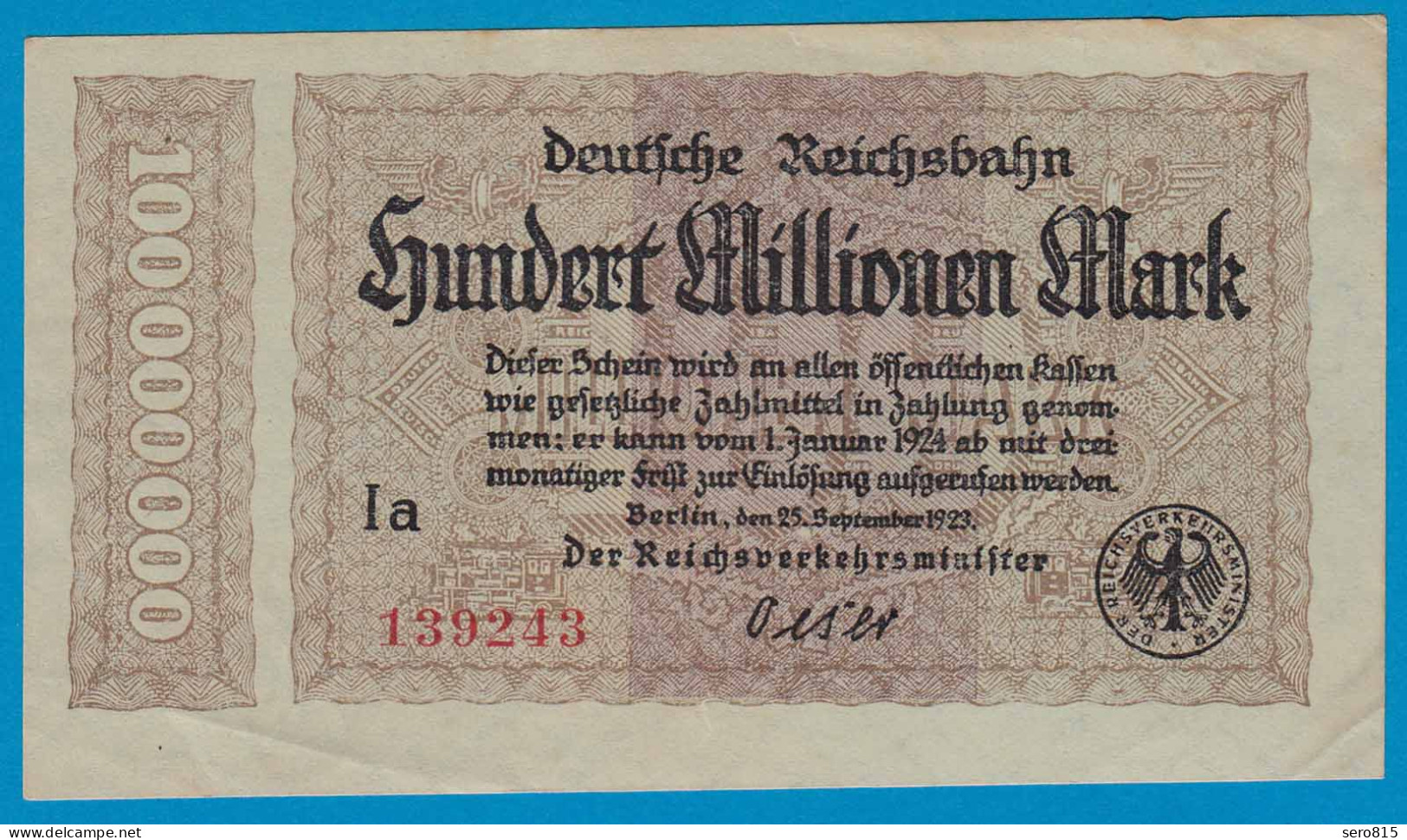 Reichsbahn Berlin 100 Millionen Mark Notgeld Pick S1017 1923 VF    (19020 - Autres & Non Classés