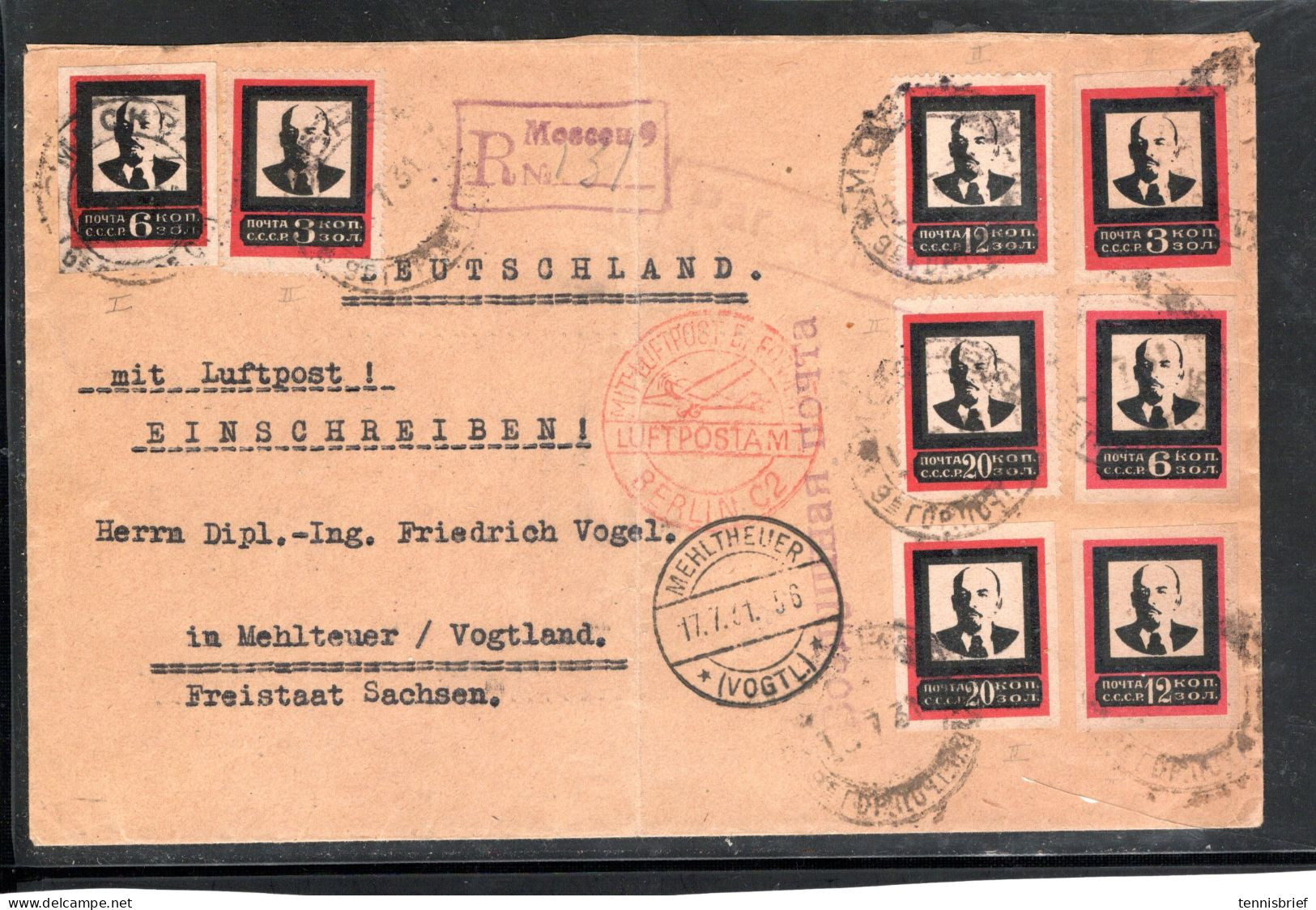 1931 , Lenin , 8 Stamps , , Hereby 3 Perforated , Airmail Registered  Moskau To Germany  #223 - Lettres & Documents