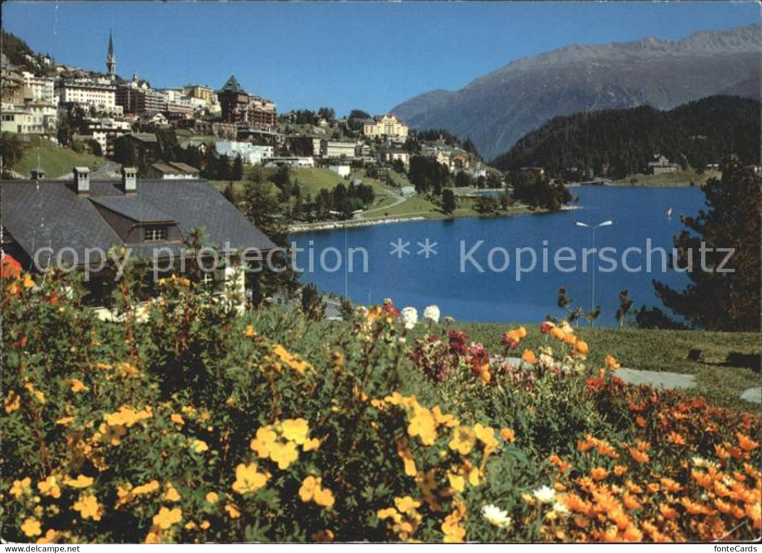 11980607 St Moritz GR Teilansicht Blumen See St. Moritz - Sonstige & Ohne Zuordnung