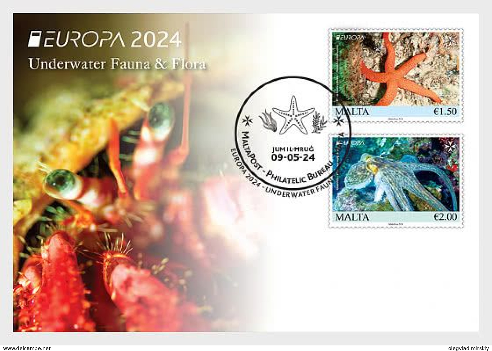 Malta 2024 Europa CEPT Undewater Fauna Octopus Starfish First Day Card - Marine Life