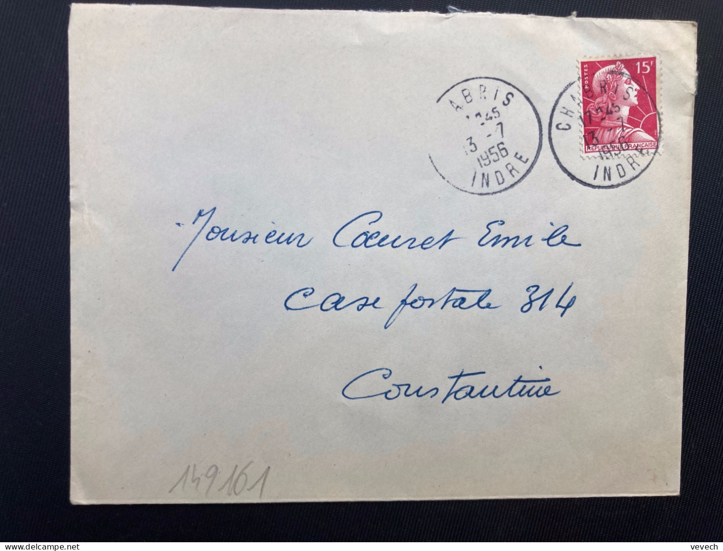 LETTRE Pour ALGERIE TP M DE MULLER 15F OBL.13-7 1956 CHABRIS INDRE (36) - 1955-1961 Marianne Of Muller