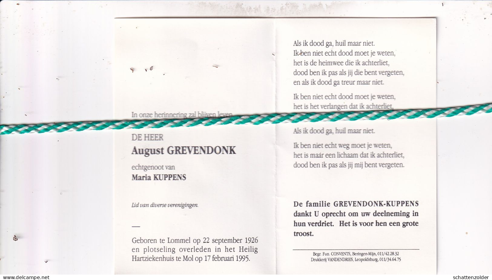 August Grevendonk-Kuppens, Lommel 1926, Mol 1995. Foto - Overlijden