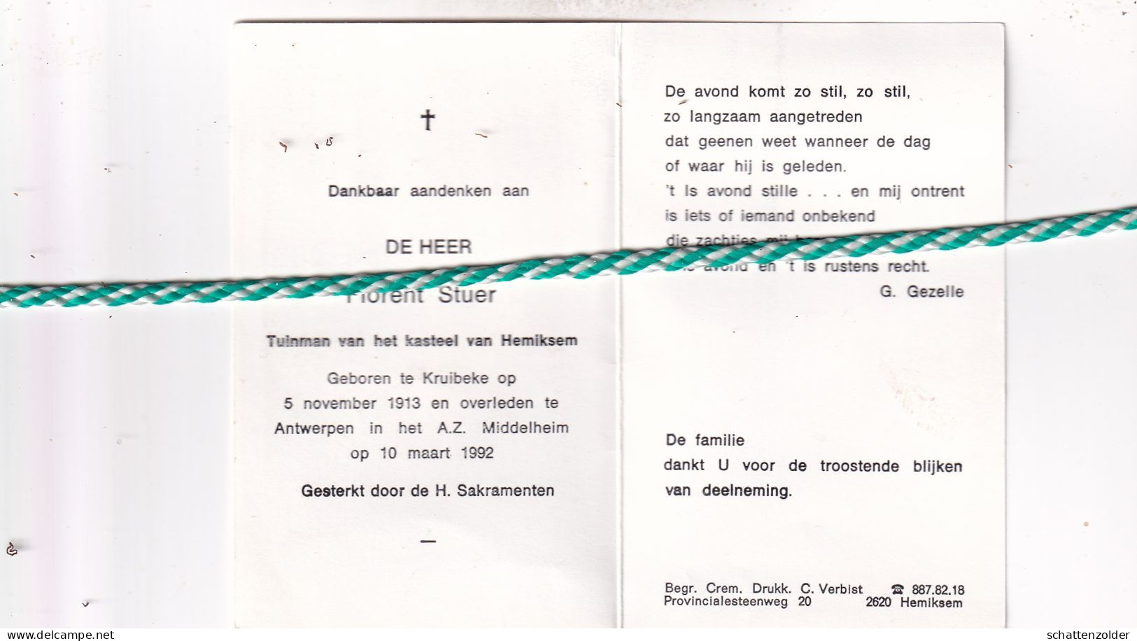 Florent Stuer, Kruibeke 1913, Antwerpen 1992. Tuinman Van Het Kasteel Van Hemiksem - Décès