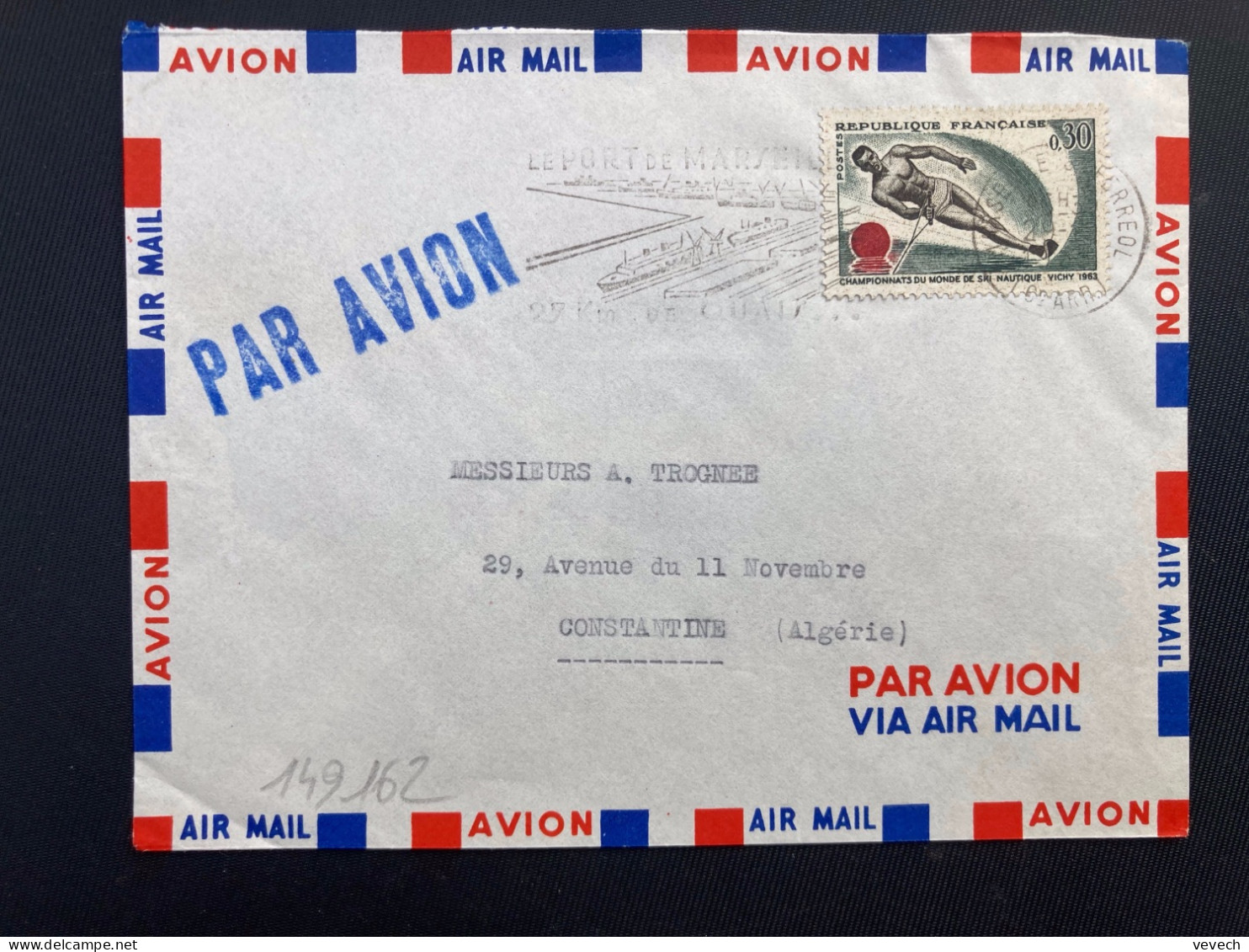 LETTRE Par Avion Pour ALGERIE TP YT 1395 SKI NAUTIQUE 0,30 OBL.MEC.29-2 1963 MARSEILLE ST FERREOL - Covers & Documents