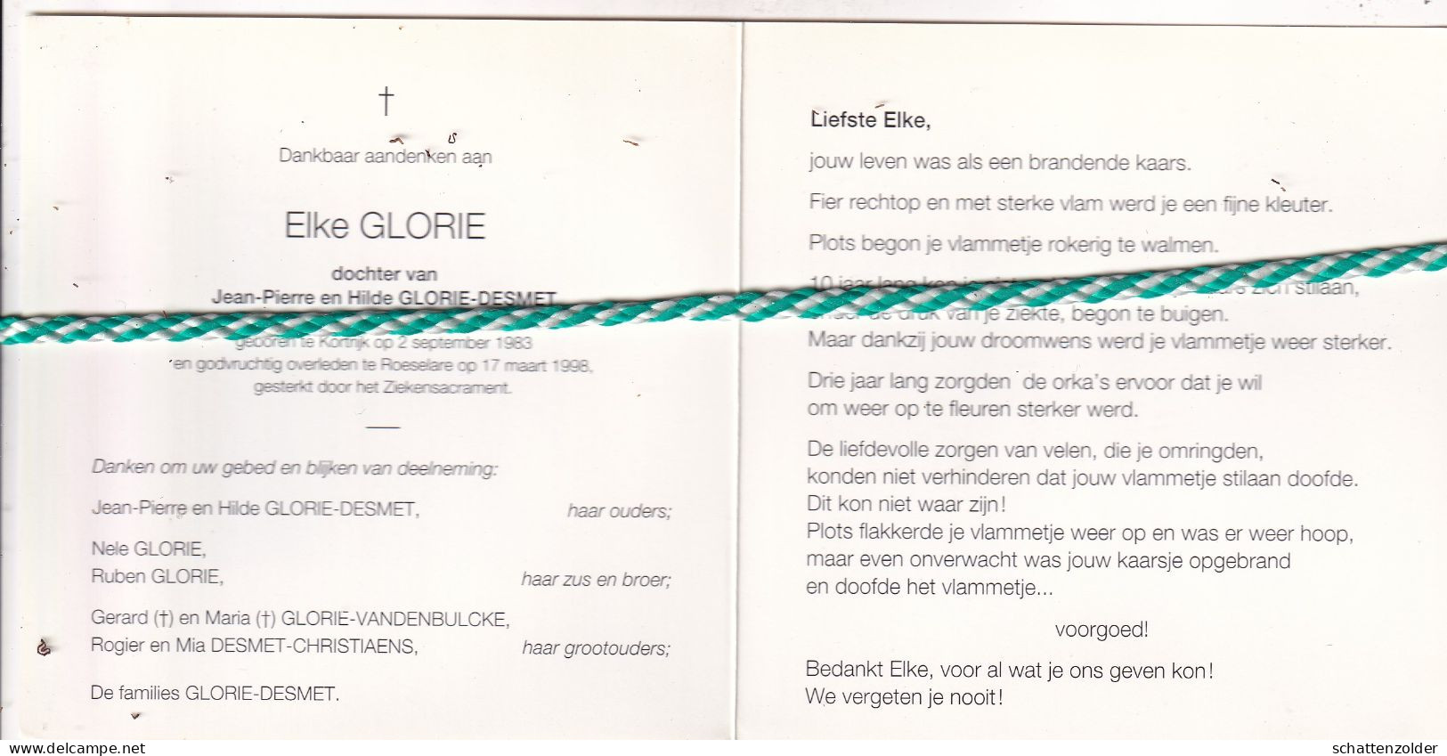 Elke Glorie-Desmet, Kortrijk 1983, Roeselare 1998. Foto - Obituary Notices