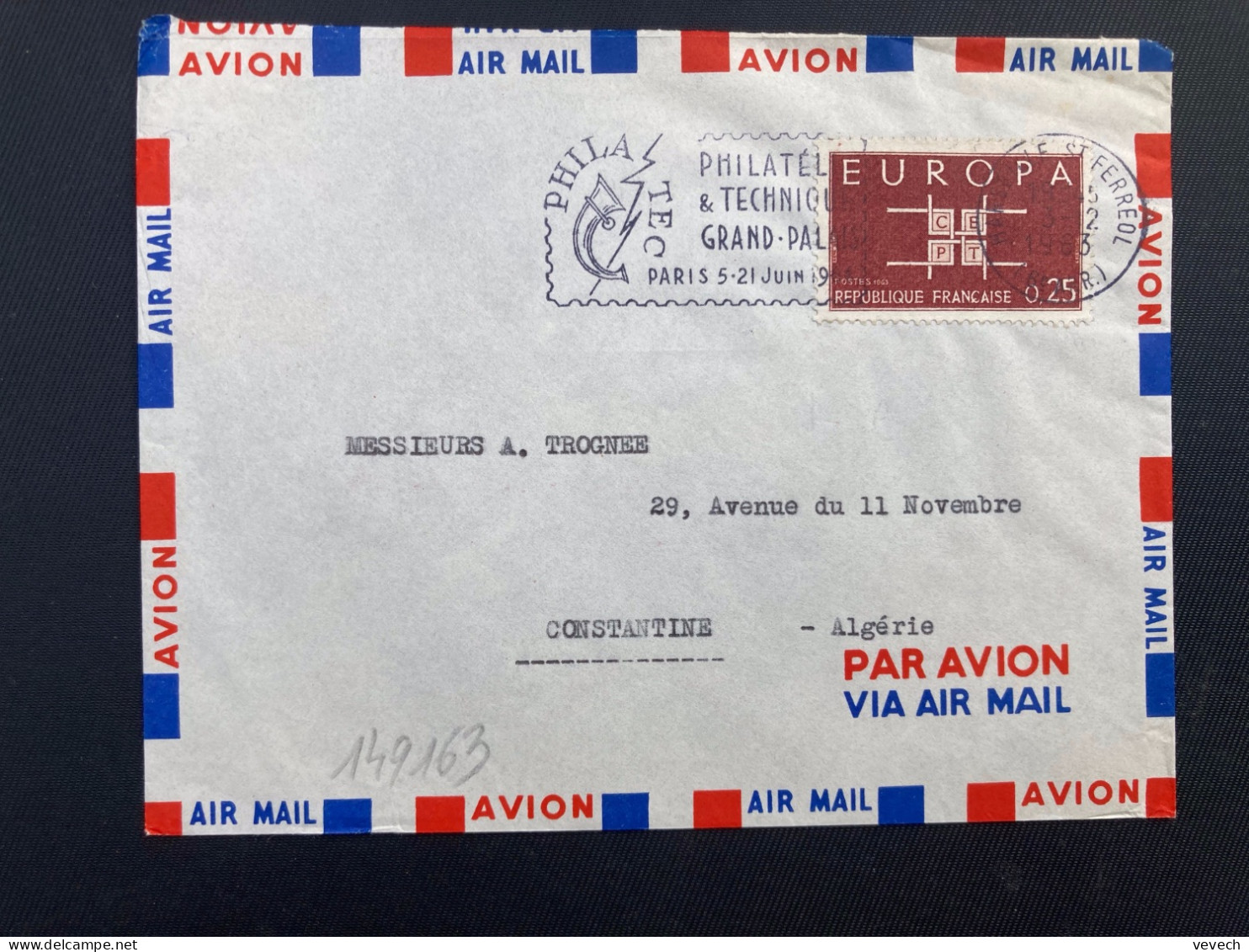 LETTRE Par Avion Pour ALGERIE TP YT 1396 EUROPA 0,25 OBL.MEC.3-2 1963 MARSEILLE ST FERREOL - Lettres & Documents
