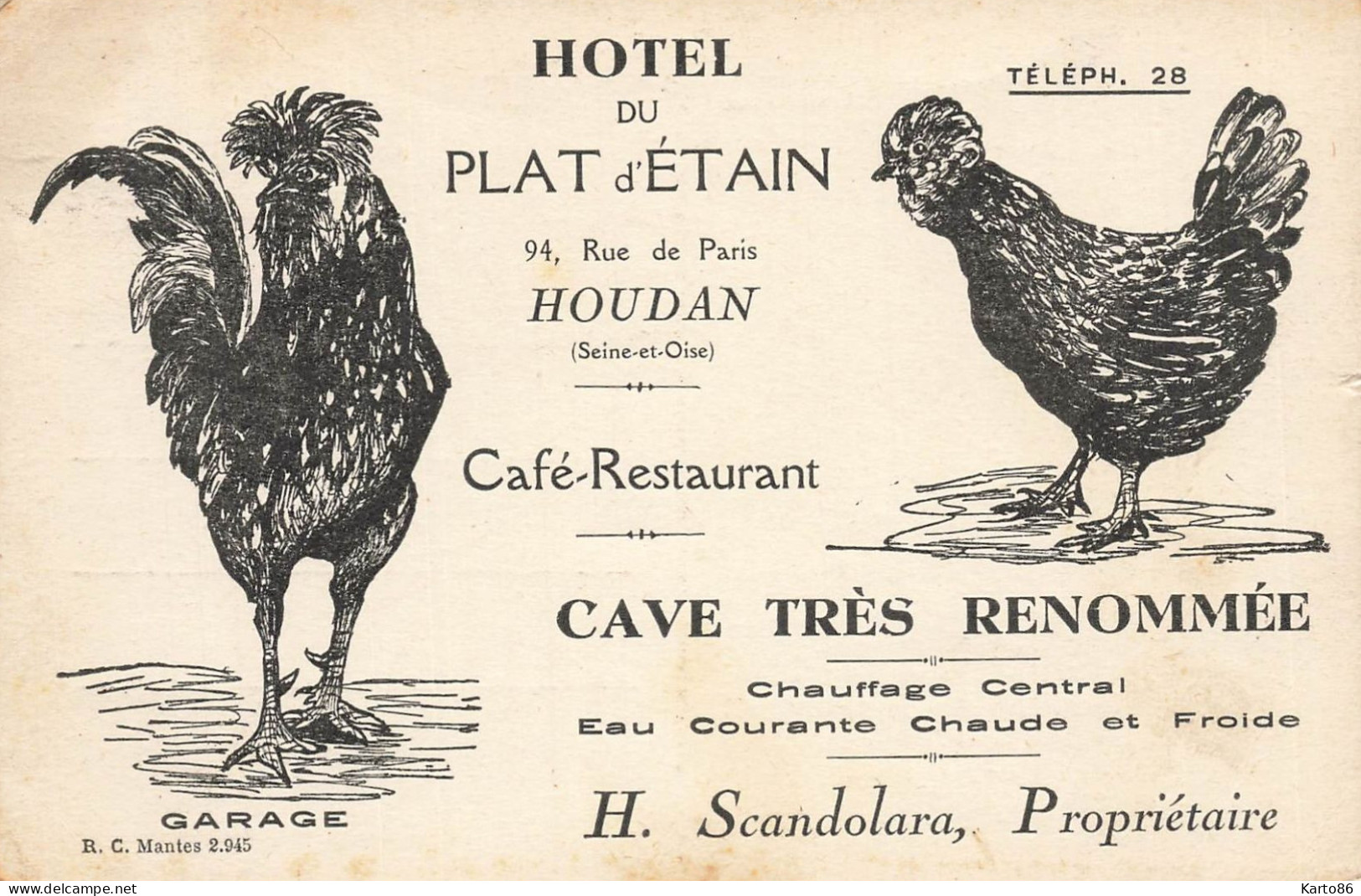 Houdan * Hôtel Du Plat D'Etain 94 Rue De Paris * Café Restaurant H. SCANDOLARA Propriétaire * CPA Publicitaire - Houdan