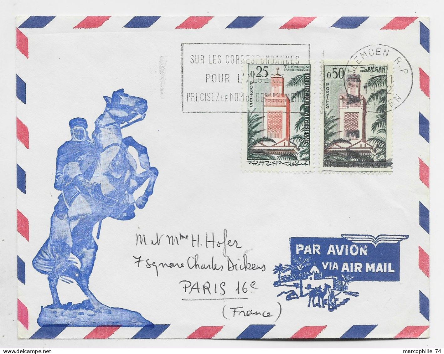 E.A. 50C TLEMCEN MIXTE ALGERIE 25C LETTRE AVION MEC TLEMCEN  RP 3.11.1962 - Lettres & Documents