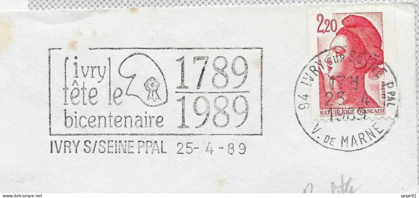 Secap De Ivry Sur Seine - Bicentenaire De La Révolution - Bonnet Phrygien - Enveloppe Entière - Révolution Française