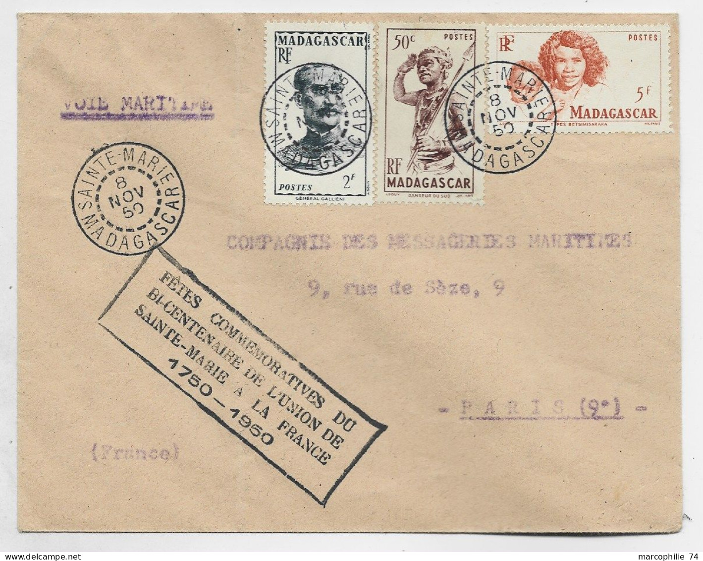 MADAGASCAR 2FR+50C+5FR LETTRE SAINTE MARIE 8 NOV 1950 VOIE MARITIME + BICENTENAIRE DE L'UNION 1750 1950 - Covers & Documents