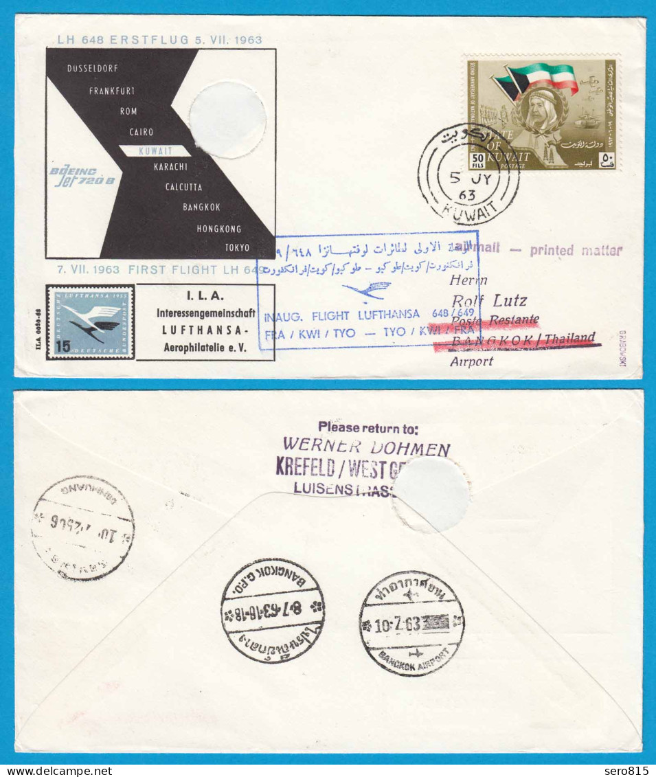 Erstflug Lufthansa LH 648/649 Teilstr. Kuwait-Bangkok 1963 Gepüft Grabowski RAR - Premiers Vols