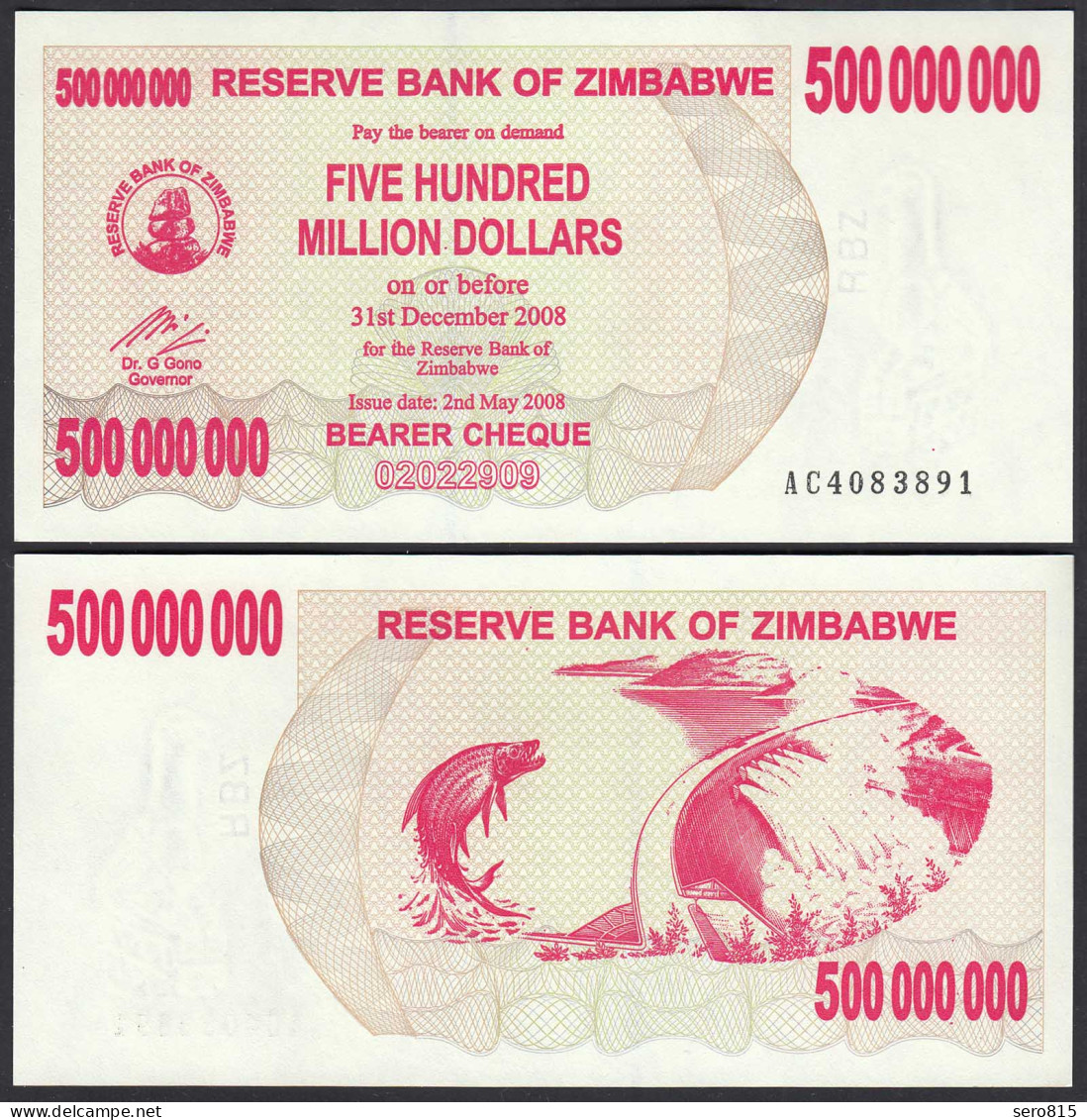 Simbabwe - Zimbabwe 500 Millionen Dollars 2008 Pick 60 UNC (1)    (27695 - Sonstige – Afrika