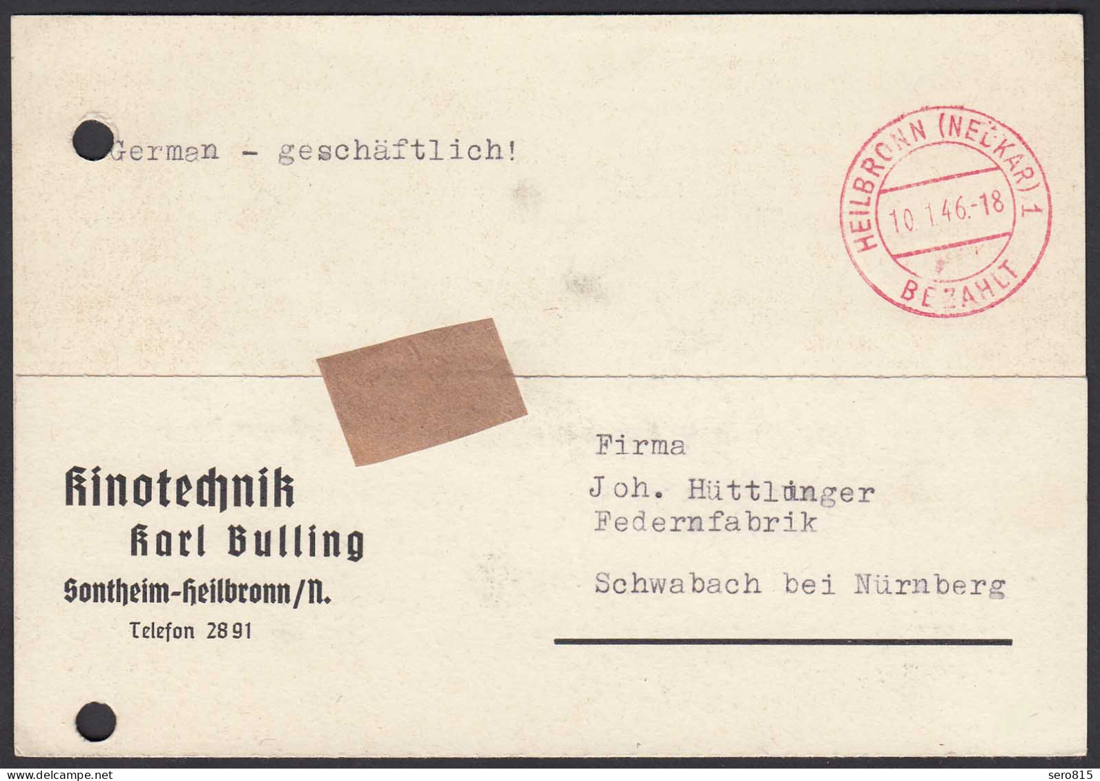 Heilbronn Neckar Gebühr Bezahlt 10.1.1946 Auf Karte   (23732 - Sonstige & Ohne Zuordnung