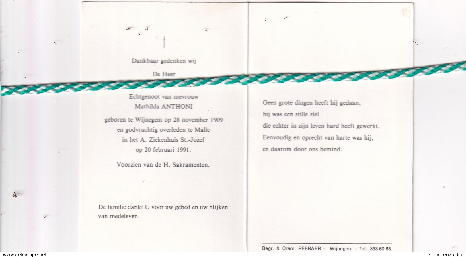 Frans Oostvogels-Anthoni, Wijnegem 1909, Malle 1991. Foto - Overlijden
