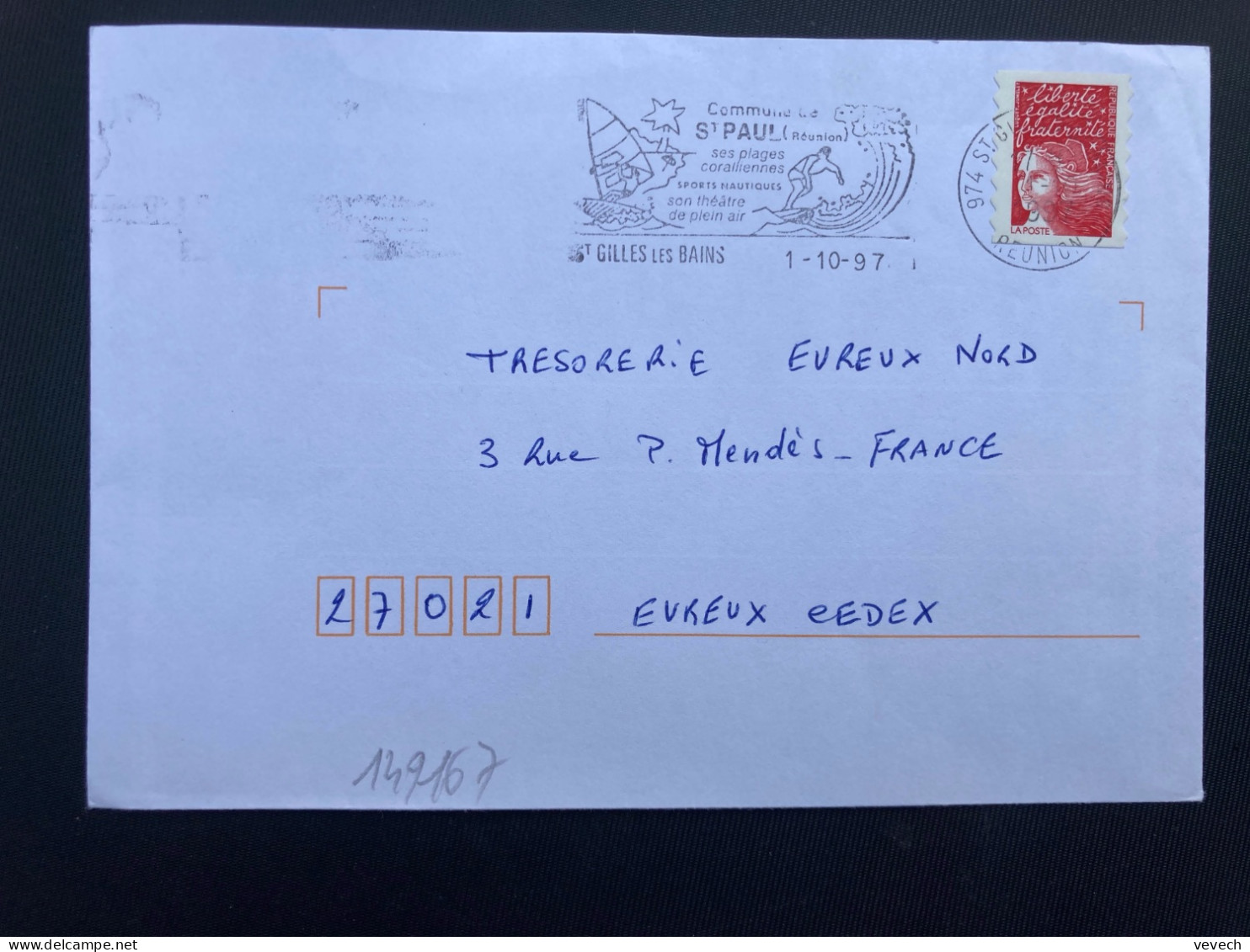 LETTRE TP M DE LUQUET TVP ROUGE OBL.MEC.1-10 1997 974 ST GILLES LES BAINS REUNION Ses Plages Coralliennes - Mechanical Postmarks (Advertisement)