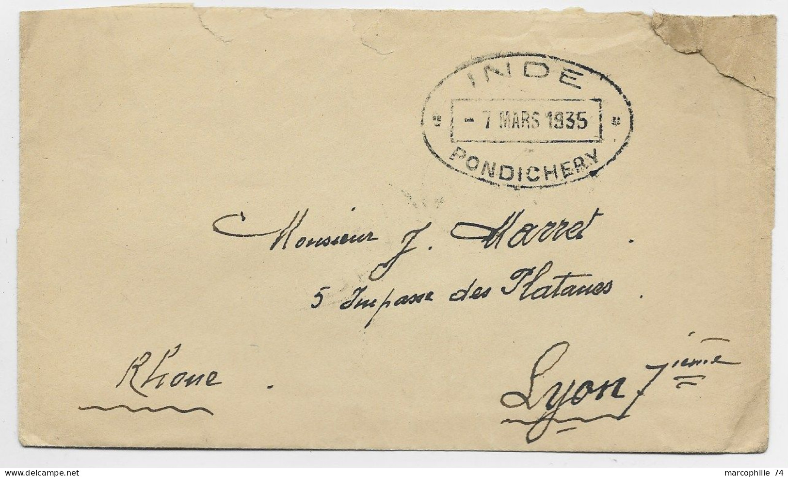 INDIA INDE FRANCAISE 20CA AU VERSO LETTRE COVER INDE PONDICHERY 7 MARS 1935 POUR LYON - Brieven En Documenten