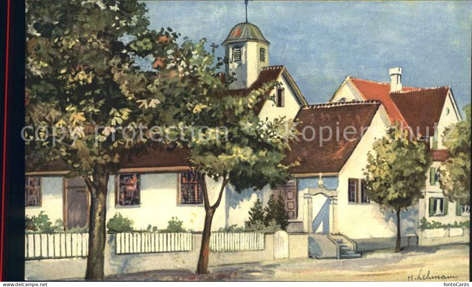 12057679 Amriswil TG Kirche Mit Pfarrhaus Kuenstlerkarte Amriswil - Autres & Non Classés