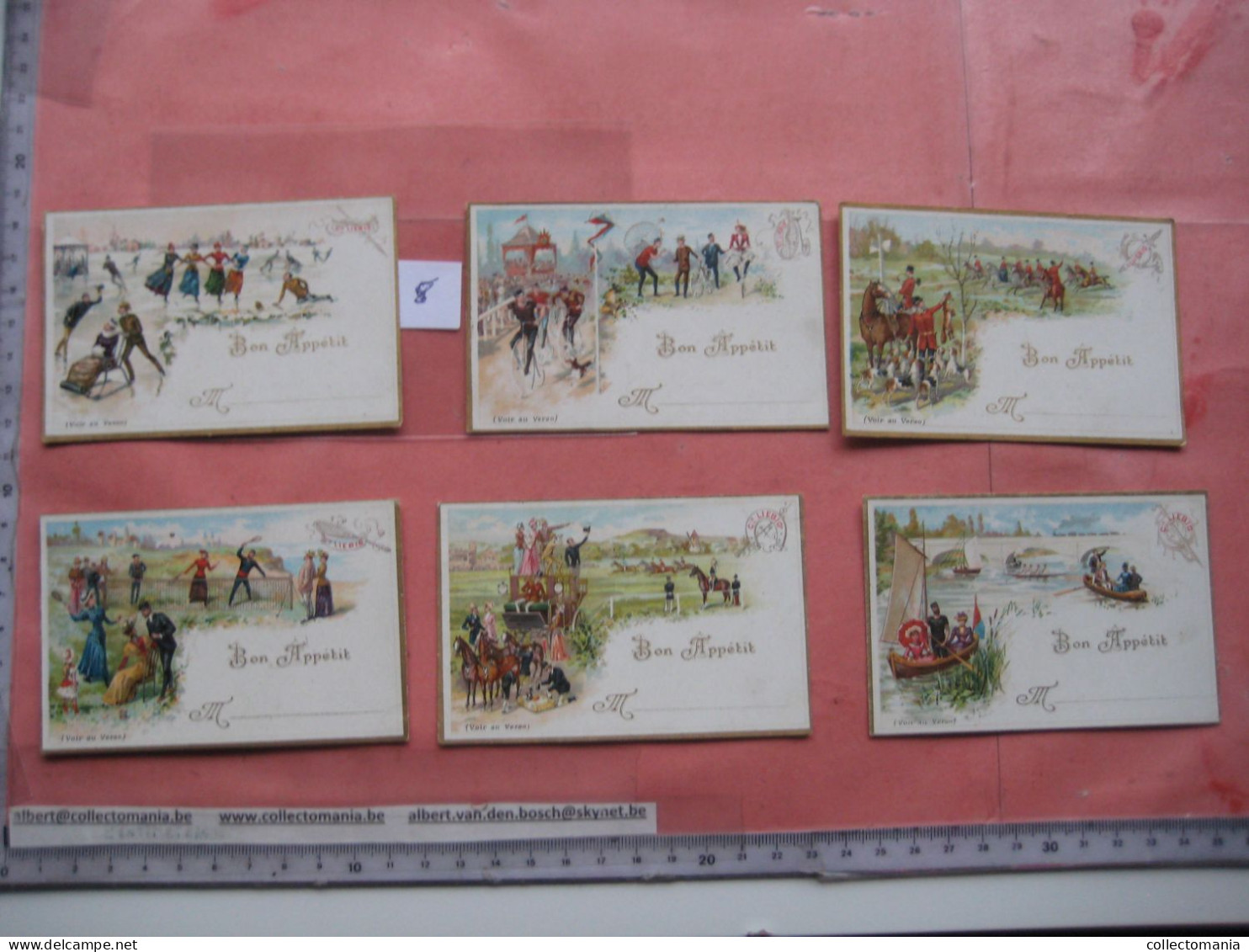 6 Cartes Chromos, 1893, Liebig Compagnie Cmplete Set  Tischkarten, Cartes De Table Nr 8 -sports Horse Skating Bycicle - Liebig