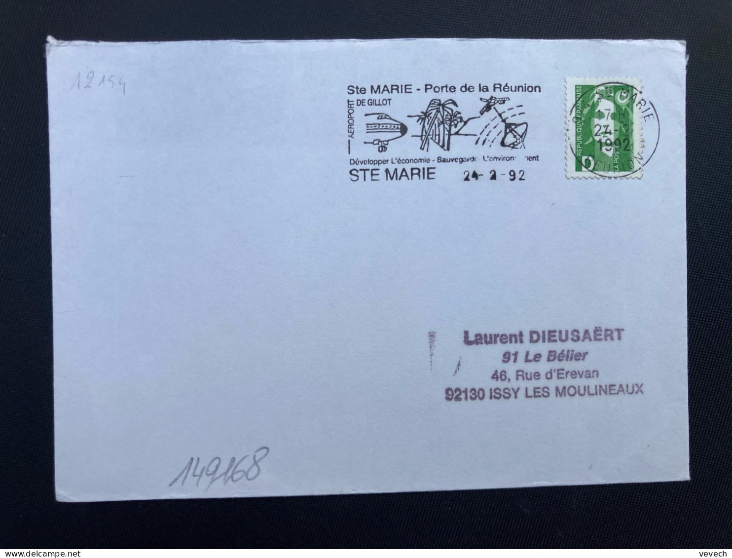 LETTRE TP M DE BRIAT D VERT OBL.MEC.24-2 1992 974 STE MARIE REUNION Porte De La Réunion - Maschinenstempel (Werbestempel)