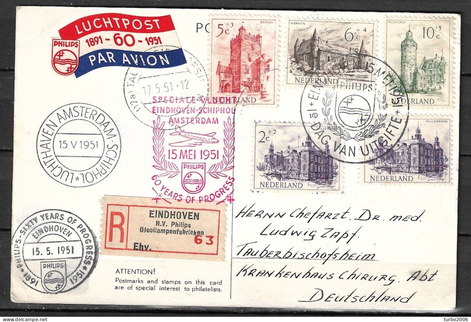 Philipskaart Met 1951 Zomerzegels NVPH 568 (2) 569 / 571 Naar Duitsland - Brieven En Documenten