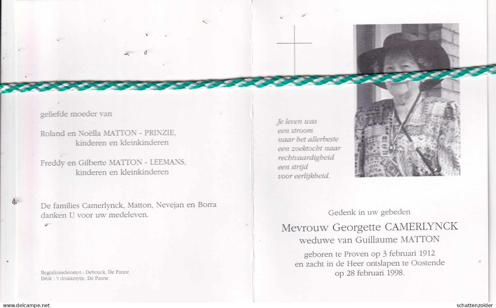 Georgette Camelynck-Matton, Proven 1912, Oostende 1998. Foto Dameshoed - Overlijden