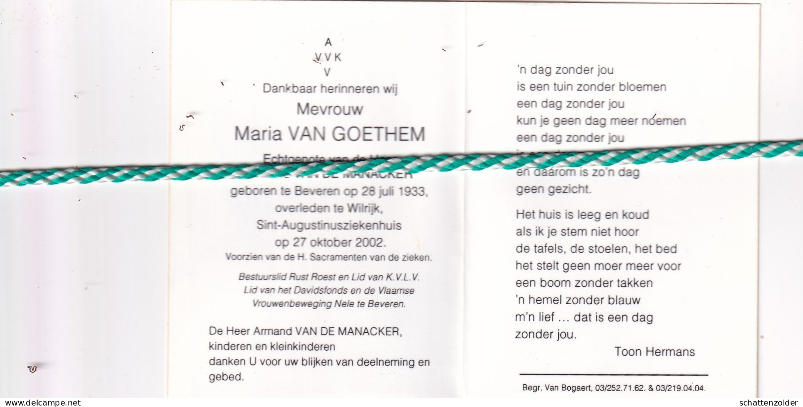 Maria Van Goethem-Van De Manacker, Beveren 1933, Wilrijk 2002. AVV VVK. Foto - Décès