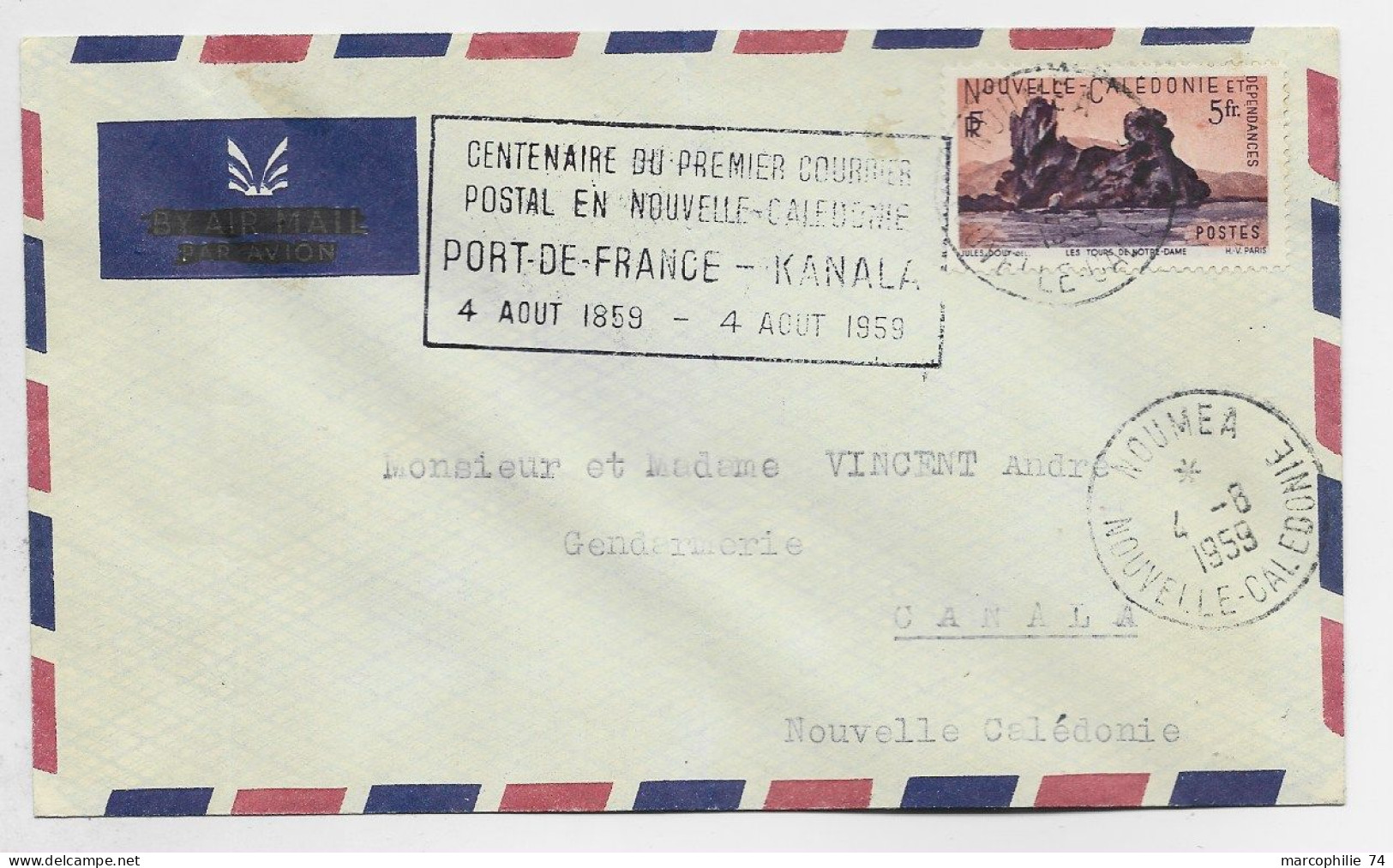 NOUVELLE CALEDONIE 5FR SEUL LETTRE AVION NOUMEA 4.6.1959 + RECTANGLE CENTENAIRE PREMIER COURRIER PORT DE FRANCE KANALA - Lettres & Documents