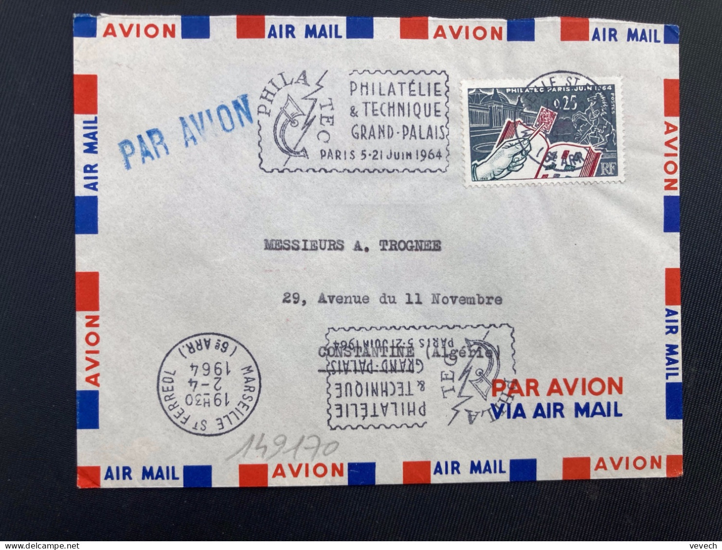 LETTRE Par Avion Pour ALGERIE TP YT 1403 PHILATEC 0,25 OBL.MEC.2-4 1964 MARSEILLE ST FERREOL + PHILATEC - Brieven En Documenten