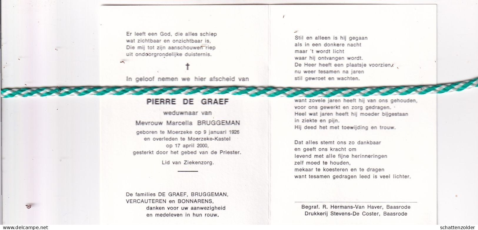 Pierre De Graef-Bruggeman, Moerzeke 1926, Moerzeke-Kastel 2000. Foto - Overlijden