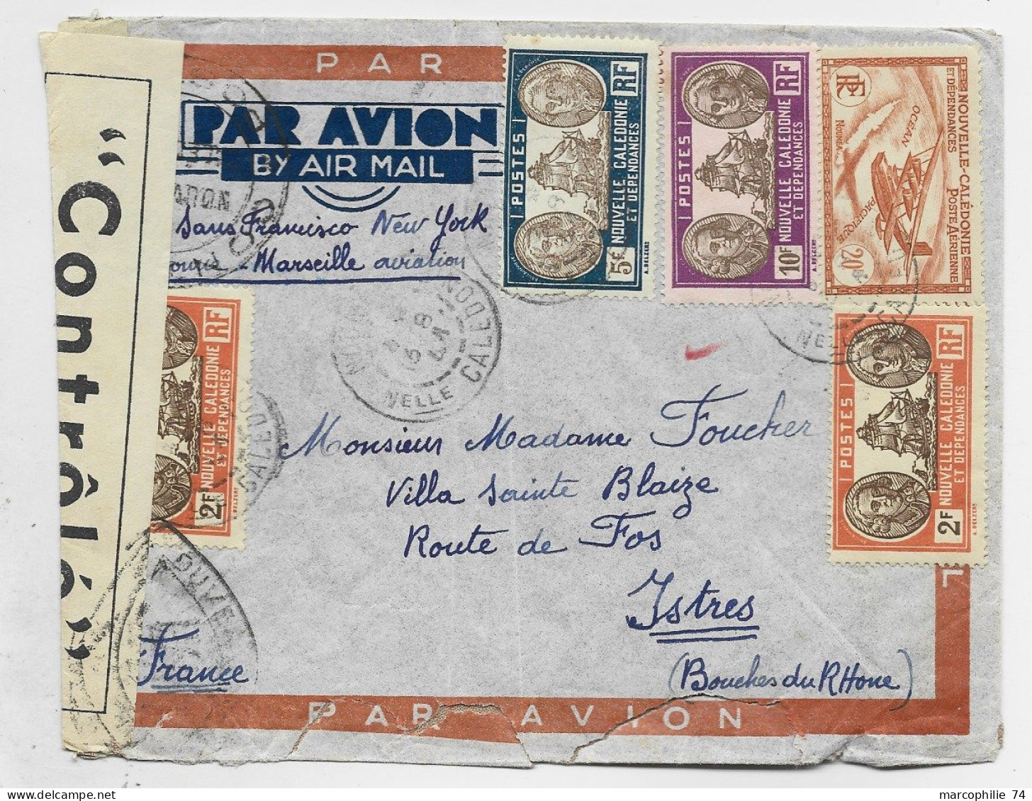 NOUVELLE CALEDONIE DIVERS  LETTRE  COVER AVION NOUMEA 1944 POUR ISTRES TRIPLE CENSURE  NOUVELLE CALEDONIE - Lettres & Documents