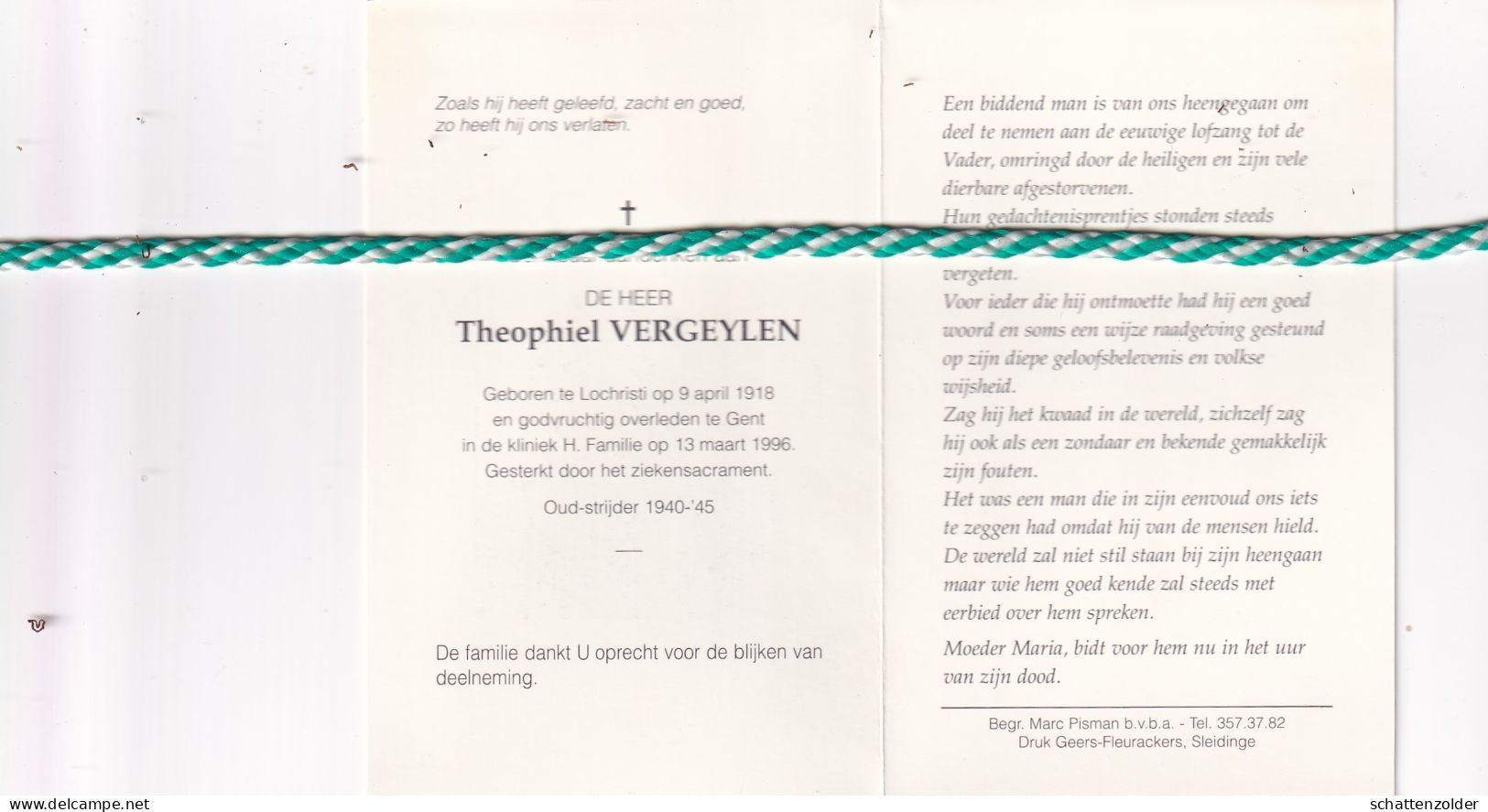 Theophiel Vergeylen, Lochristi 1918, Gent 1996. Oud-strijder 40-45; Foto - Obituary Notices