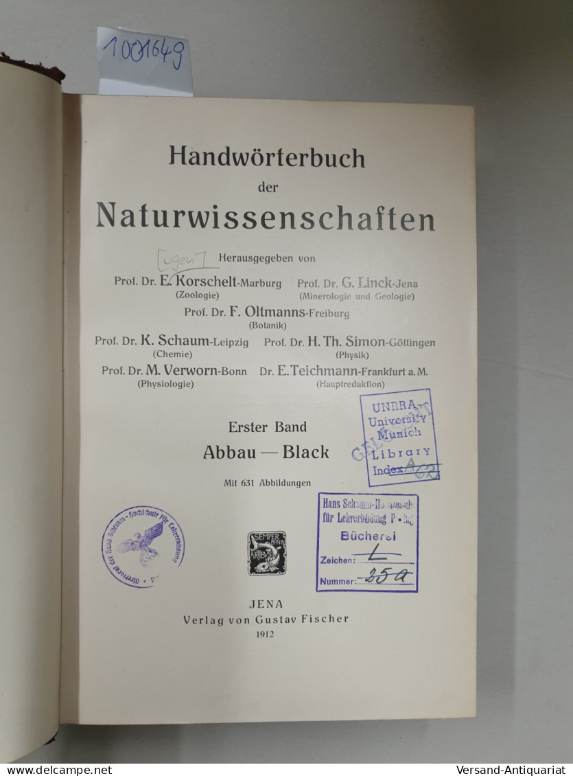 Handwörterbuch Der Naturwissenschaften, I. Band : Abbau Bis Black : - Andere & Zonder Classificatie