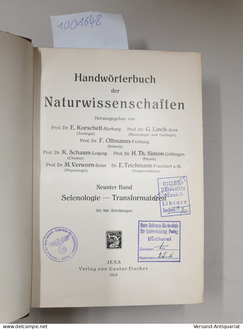 Handwörterbuch Der Naturwissenschaften, IX. Band : Selenologie - Transformatoren : - Andere & Zonder Classificatie