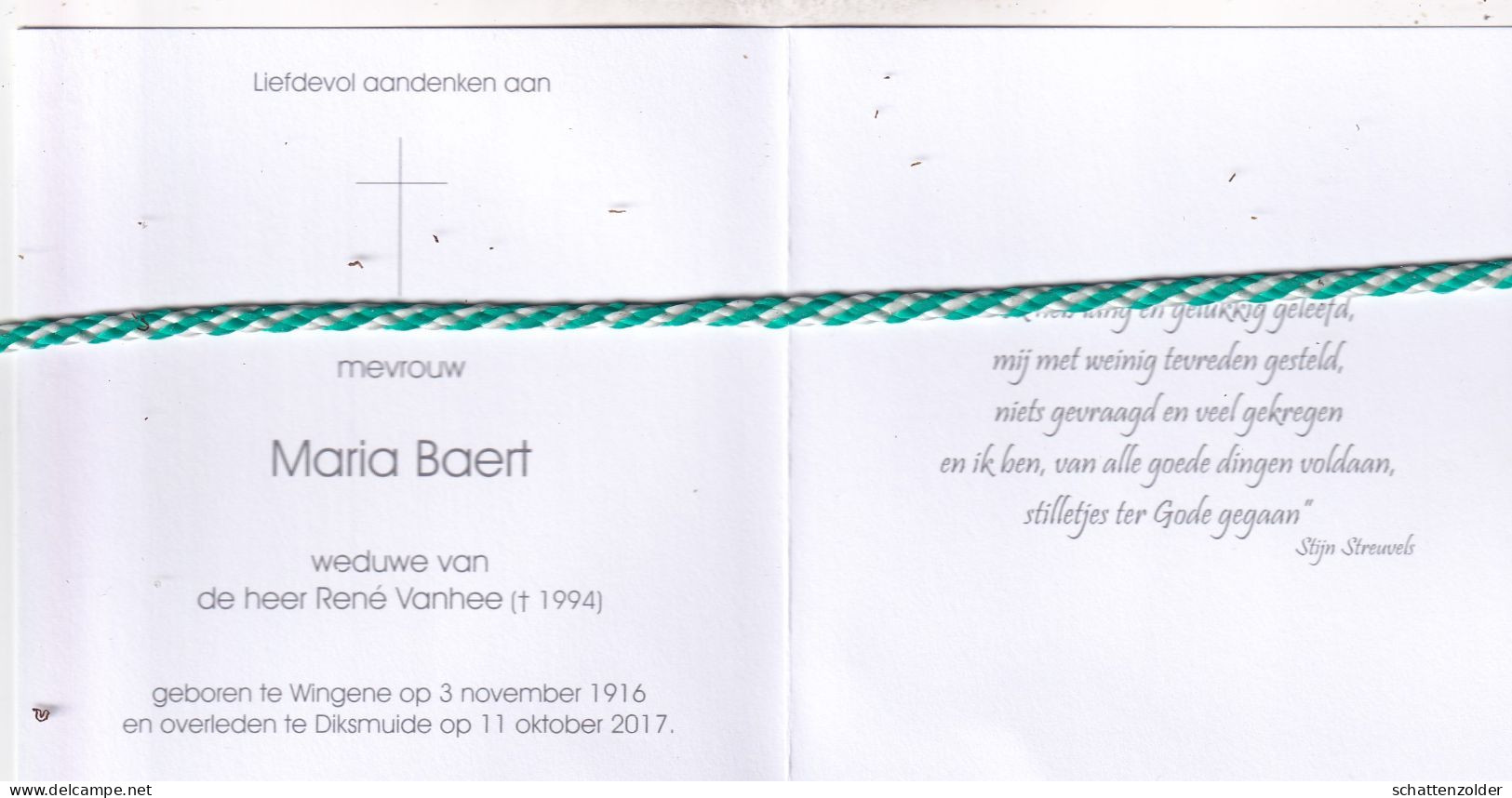 Maria Baert-Vanhee, Wingene 1916, Diksmuide 2017. Honderdjarige. Foto - Obituary Notices