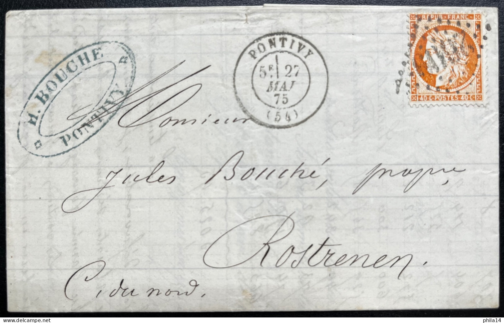 N°38 40c ORANGE CERES SUR LETTRE / PONTIVY POUR ROSTRENEN / 27 MAI 1875 / LAC - 1849-1876: Klassik