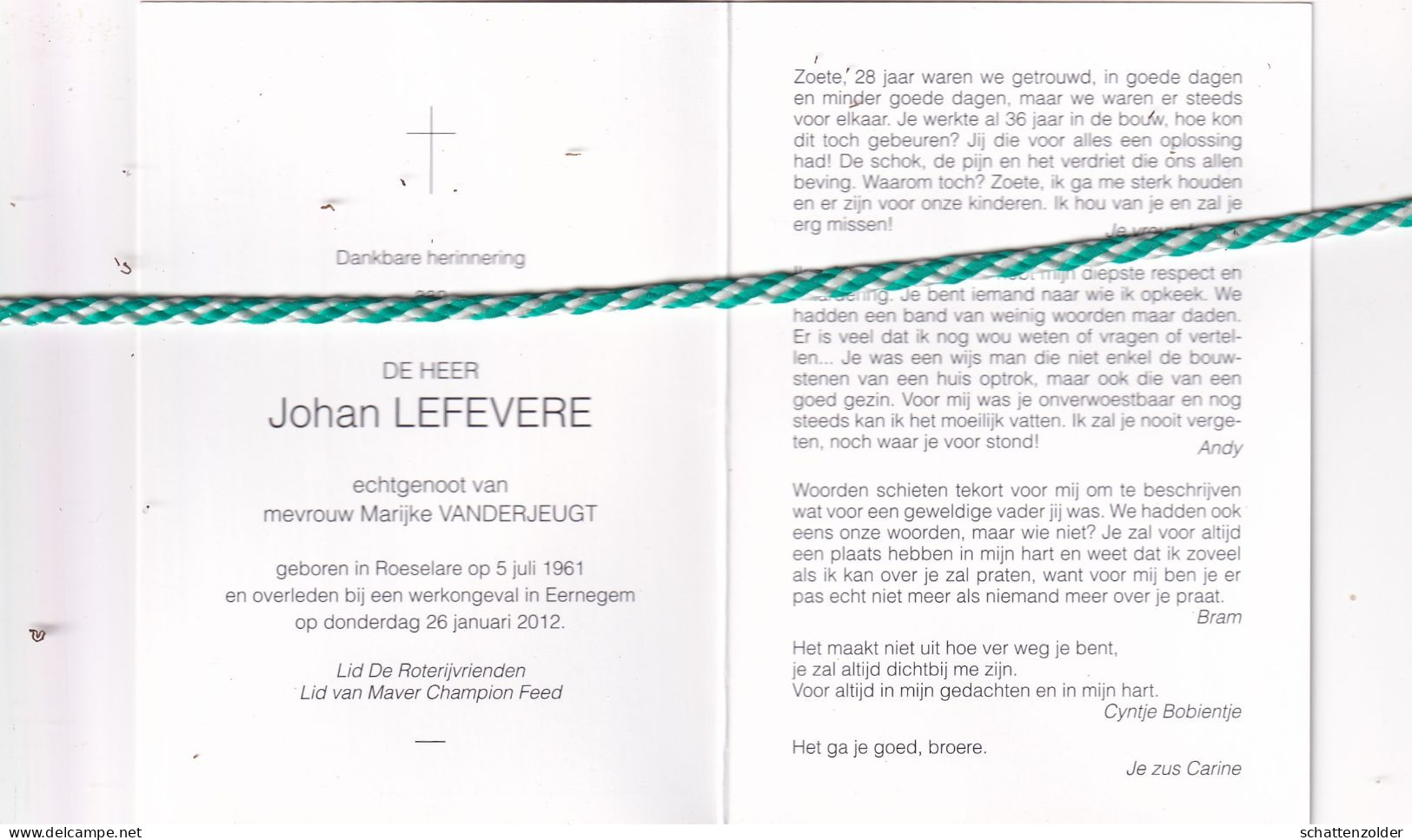 Johan Lefevere-Vanderjeugt, Roeselare 1961, Eernegem 2012. Foto - Décès