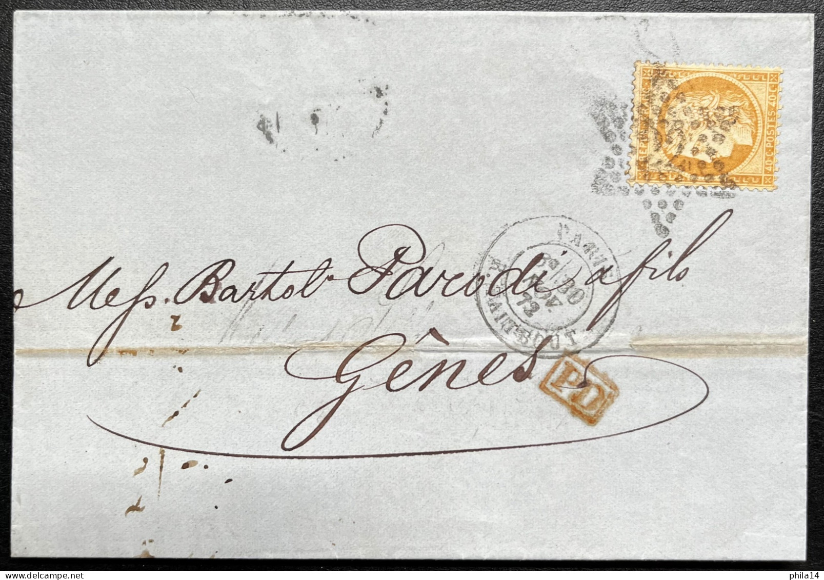 N°38 40c ORANGE CERES SUR LETTRE / PARIS POUR GENES / 30 NOV 1872 / LAC - 1849-1876: Période Classique