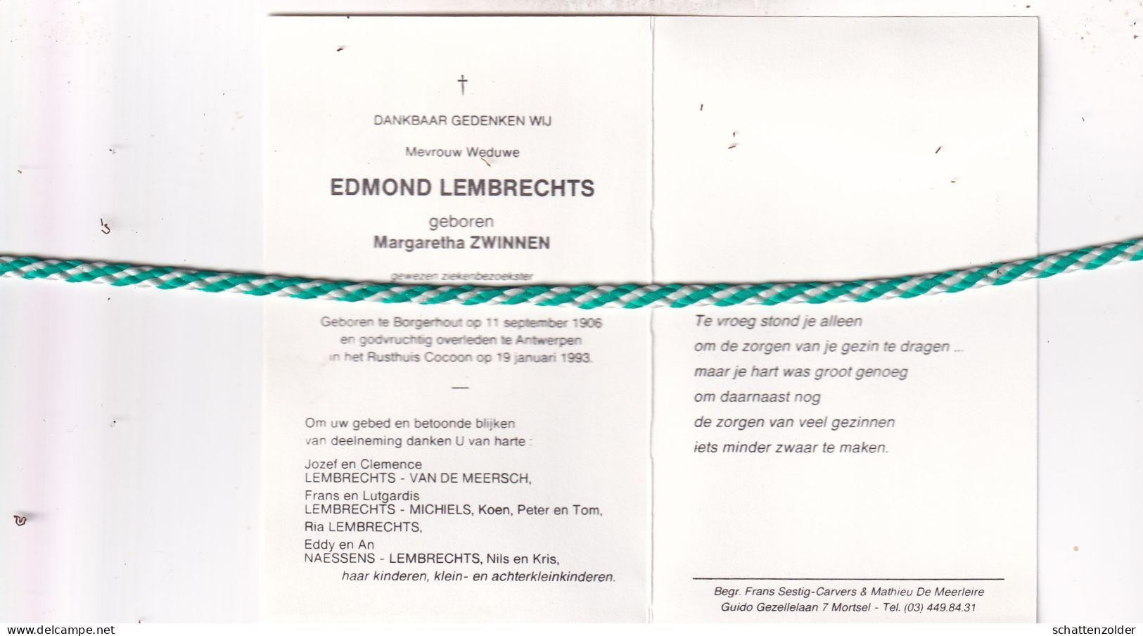 Edmond Lembrechts-Zwinnen, Borgerhout 1906, Antwerpen 1993. - Obituary Notices