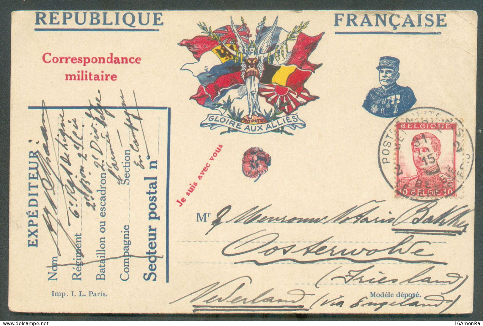 ABC Carte Aux Drapeaux ARMEE FRANCAISE Affranchie Belgique PELLENS 10c., Obl. Sc POSTES MILITAIRES BELGIQUE 2 Du 31-III- - Armée Belge