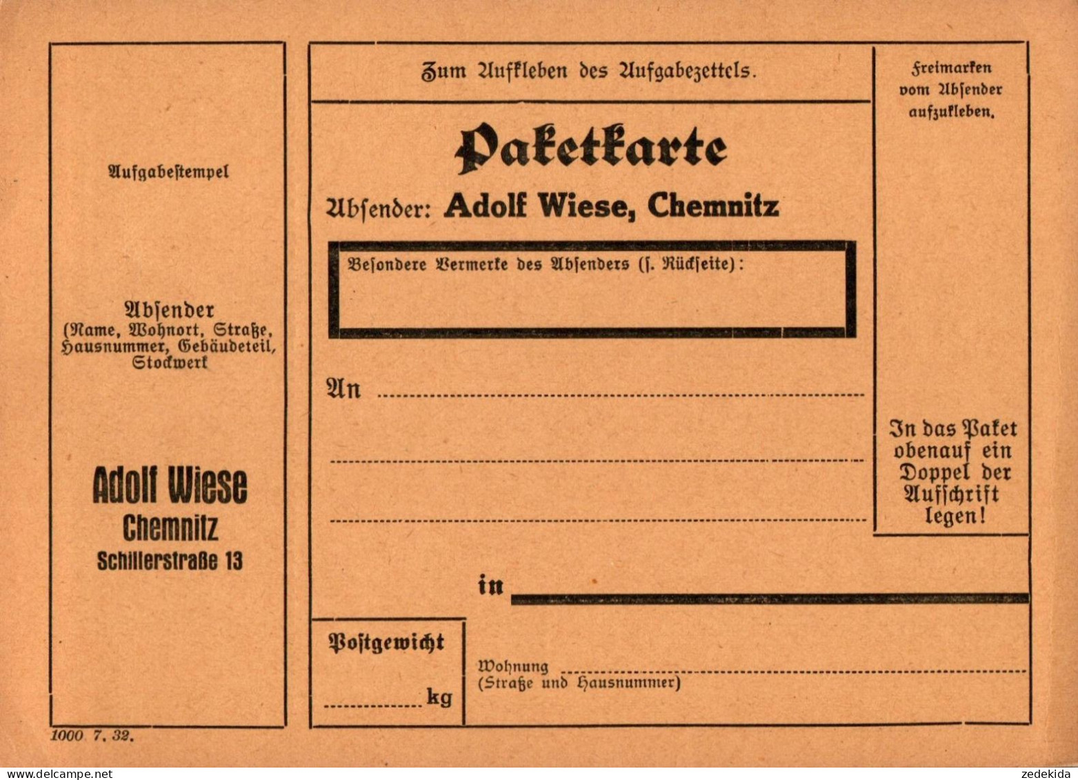 H2329 - TOP Chemnitz Adolf Wiese Paketkarte - Chemnitz